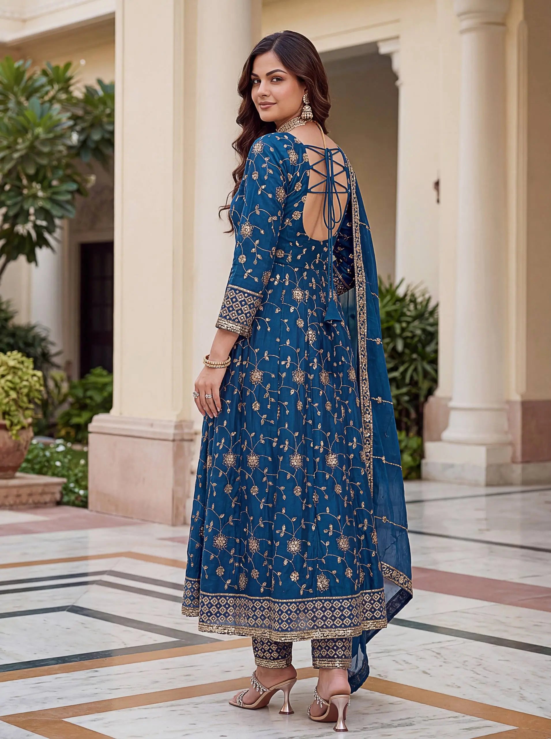Fandy Silk Ready to Wear Anarkali Gown Set with Full Embroidery, Zari Sequins Dupatta & Bottom