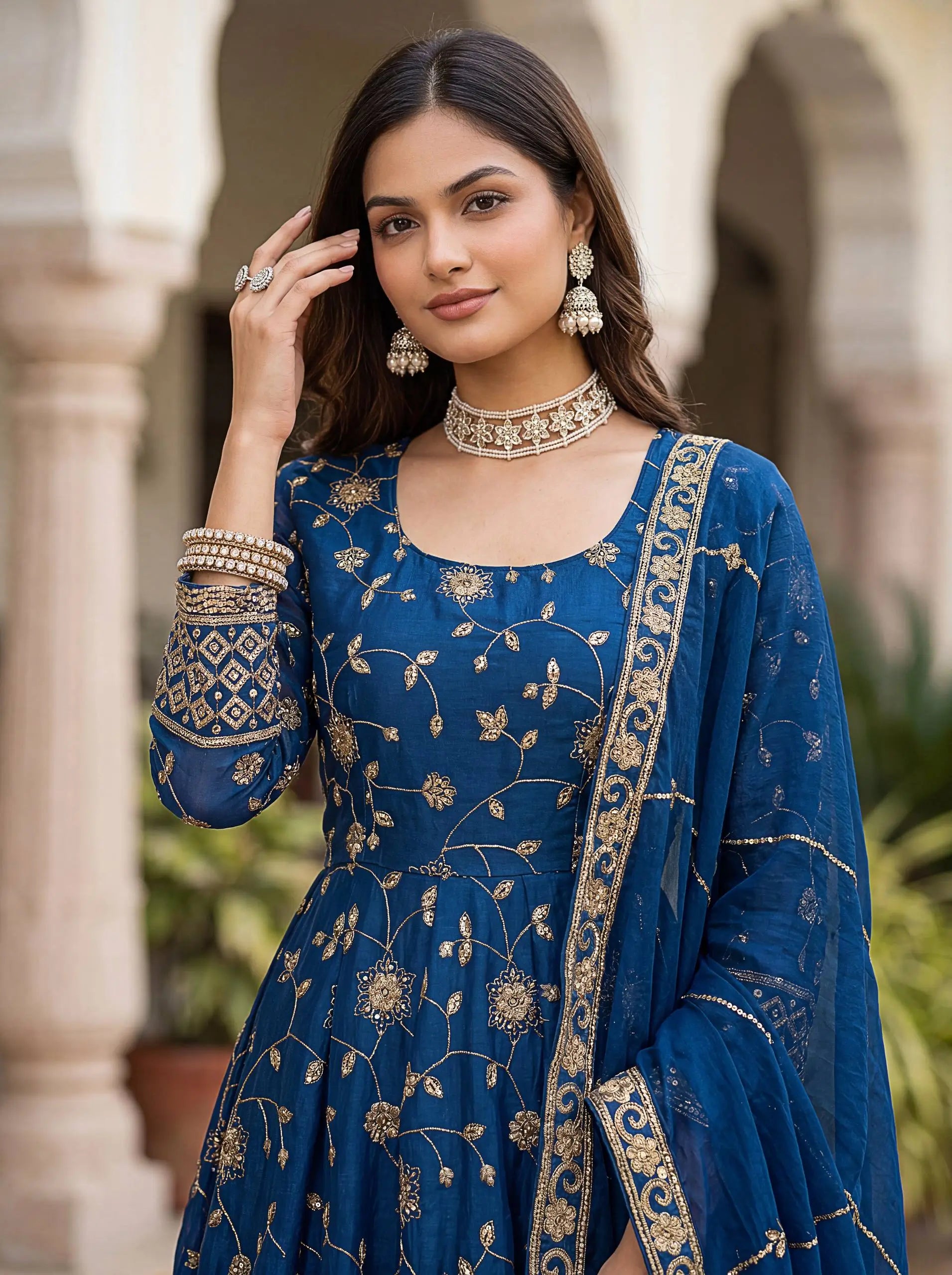 Fandy Silk Ready to Wear Anarkali Gown Set with Full Embroidery, Zari Sequins Dupatta & Bottom