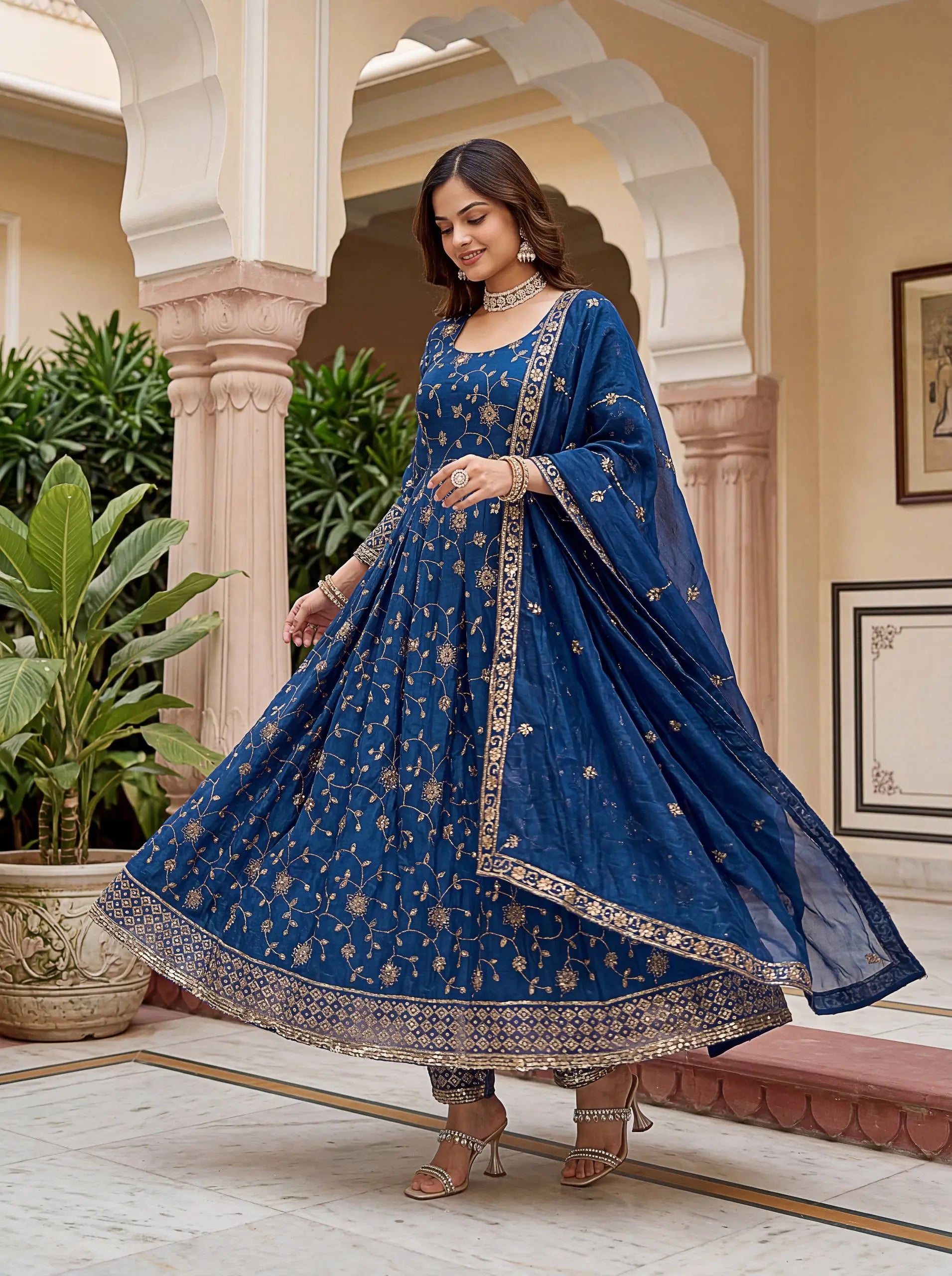 Fandy Silk Ready to Wear Anarkali Gown Set with Full Embroidery, Zari Sequins Dupatta & Bottom