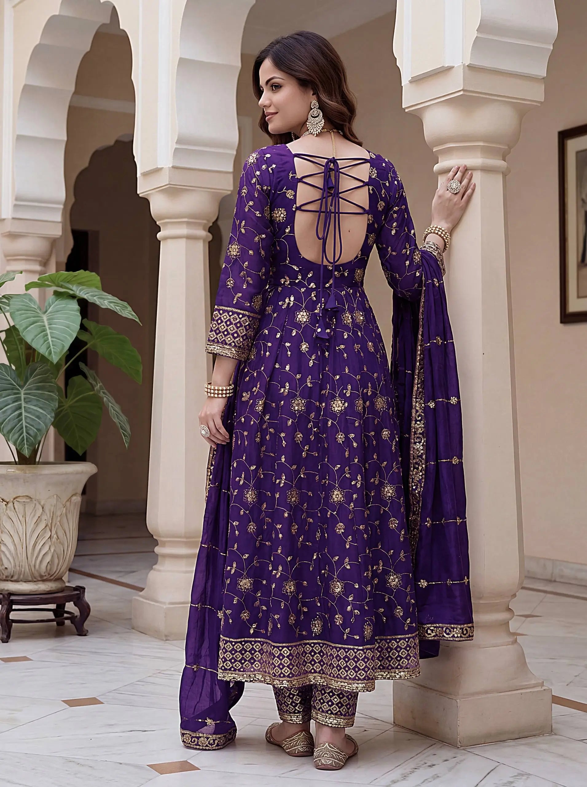 Fandy Silk Ready to Wear Anarkali Gown Set with Full Embroidery, Zari Sequins Dupatta & Bottom