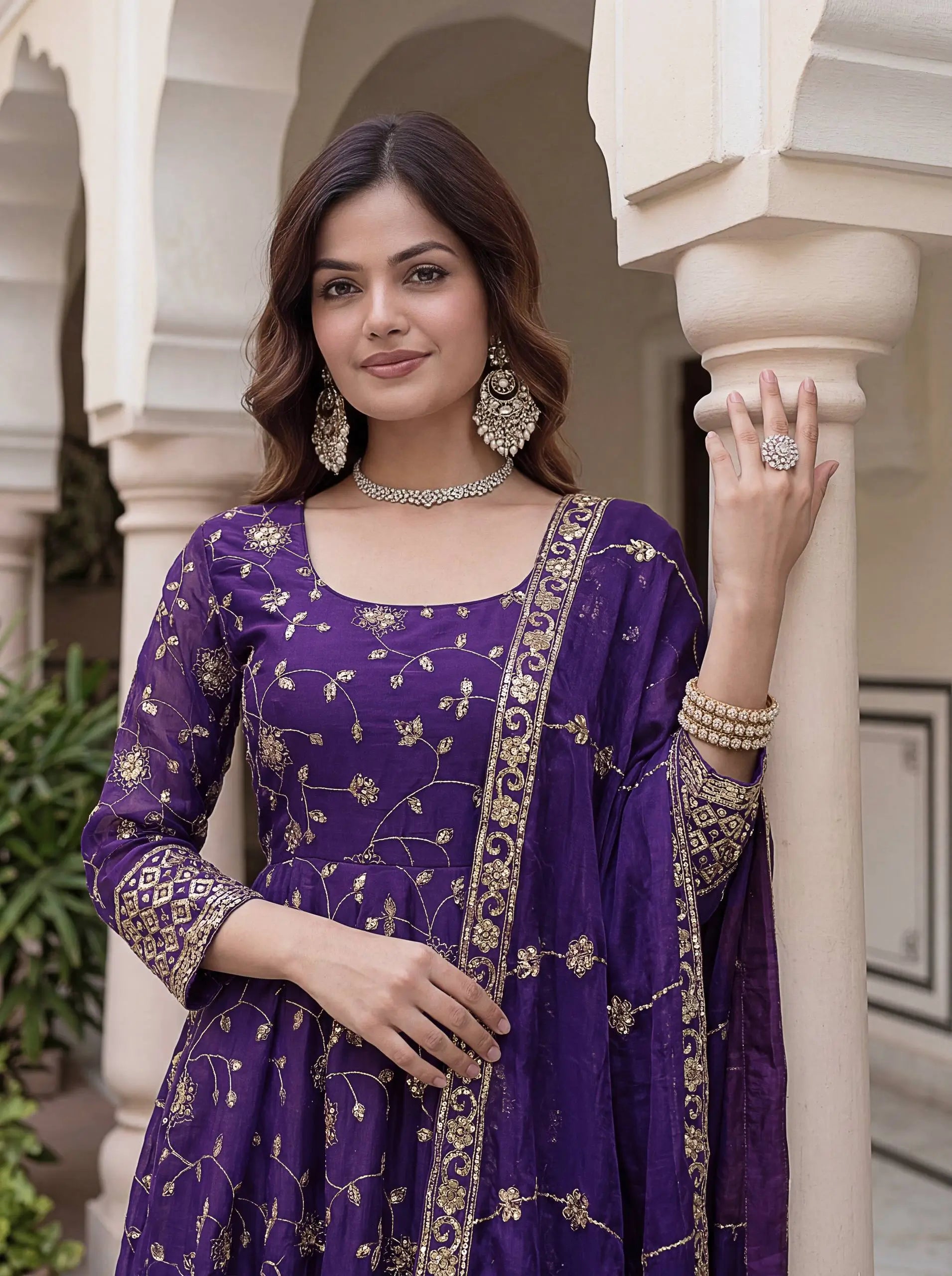 Fandy Silk Ready to Wear Anarkali Gown Set with Full Embroidery, Zari Sequins Dupatta & Bottom