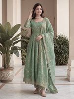 Fandy Silk Ready to Wear Anarkali Gown Set with Full Embroidery, Zari Sequins Dupatta & Bottom