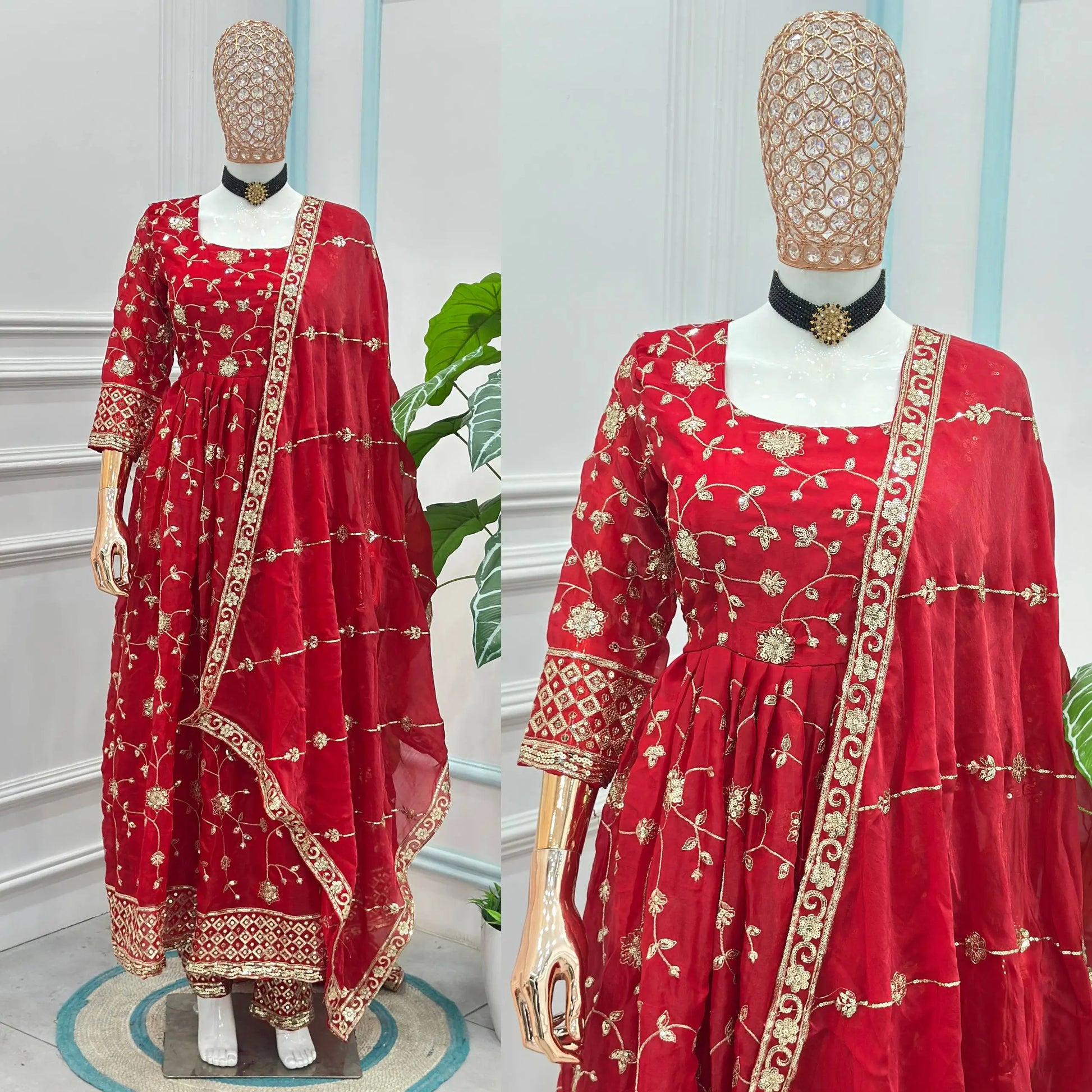 Fandy Silk Ready to Wear Anarkali Gown Set with Full Embroidery, Zari Sequins Dupatta & Bottom