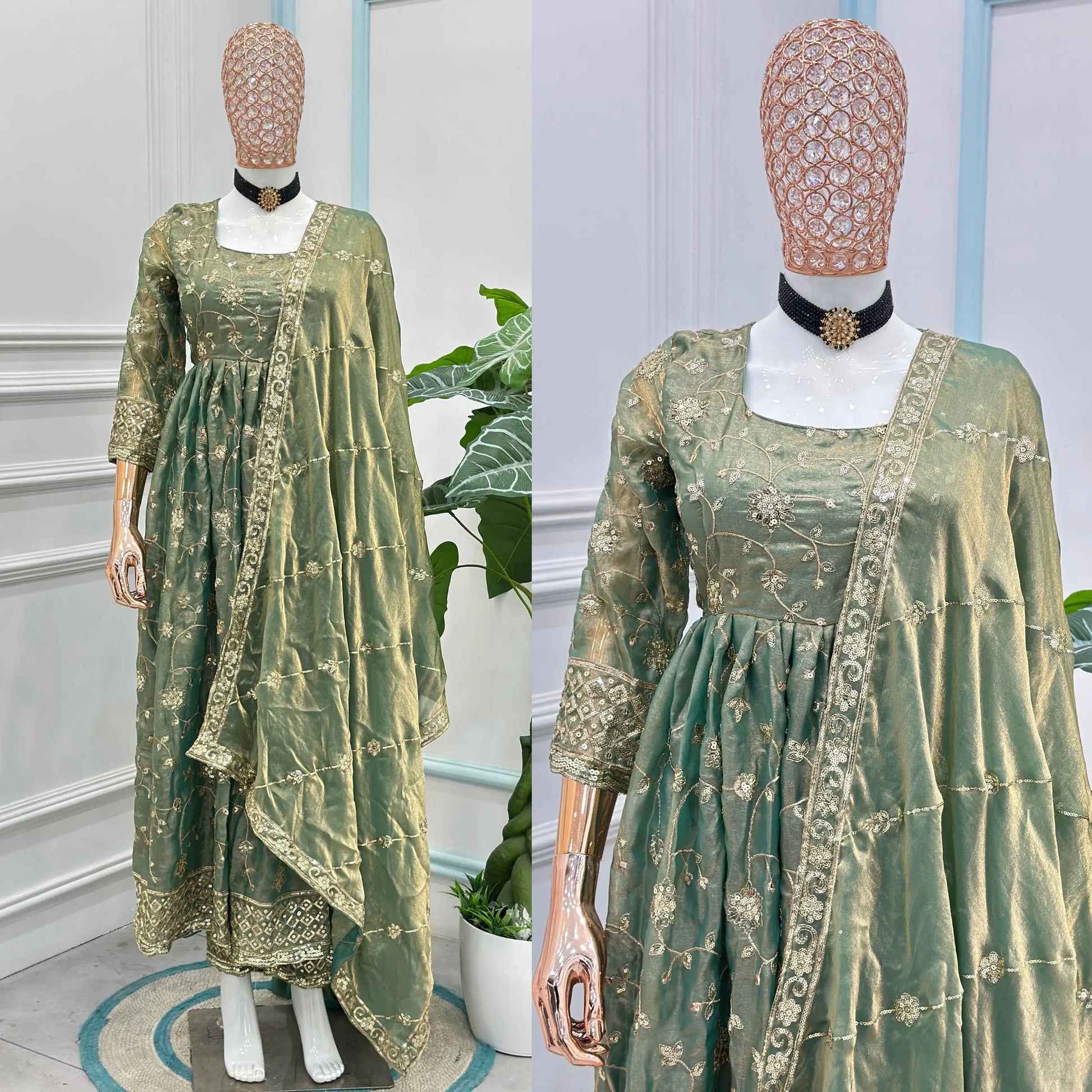 Fandy Silk Ready to Wear Anarkali Gown Set with Full Embroidery, Zari Sequins Dupatta & Bottom
