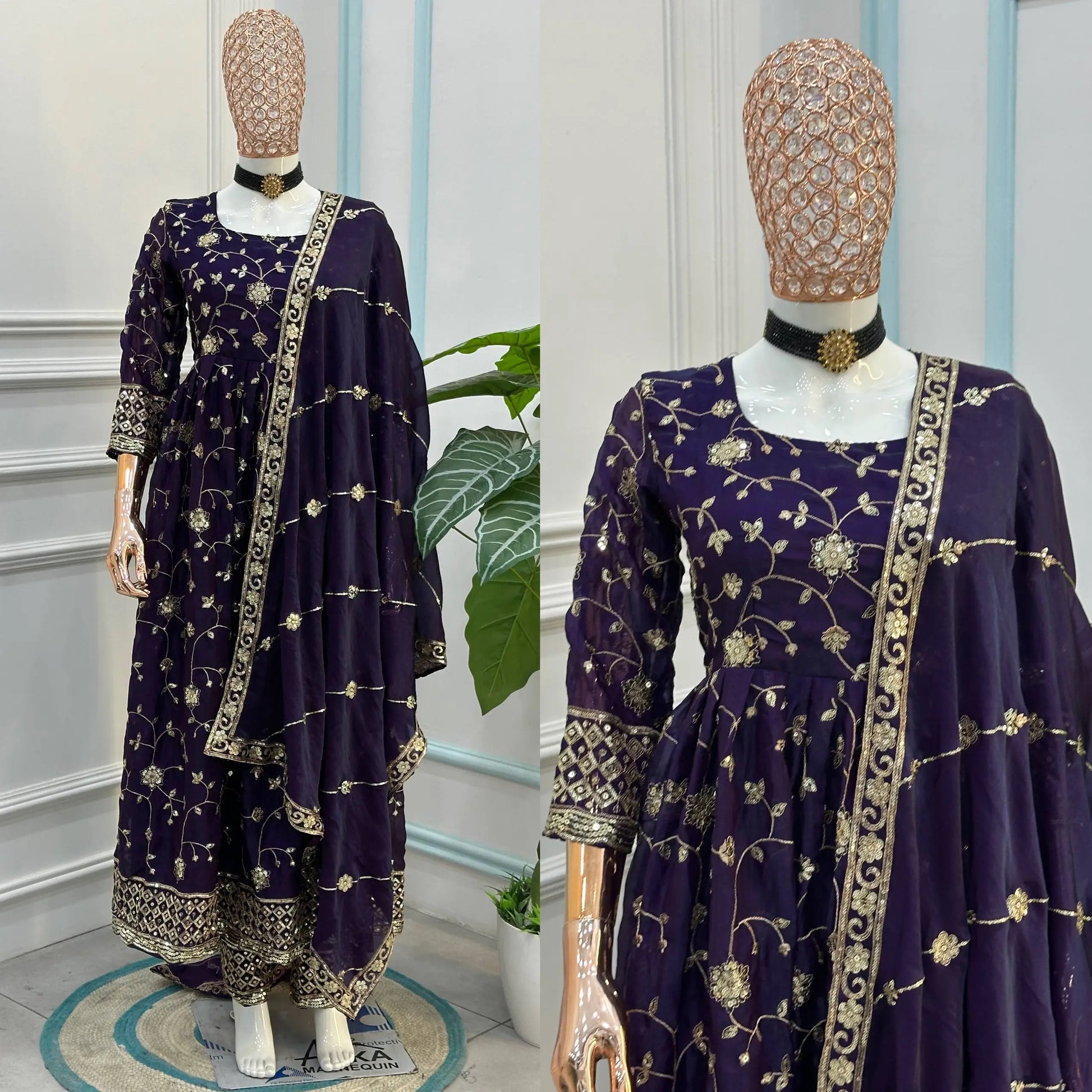 Fandy Silk Ready to Wear Anarkali Gown Set with Full Embroidery, Zari Sequins Dupatta & Bottom