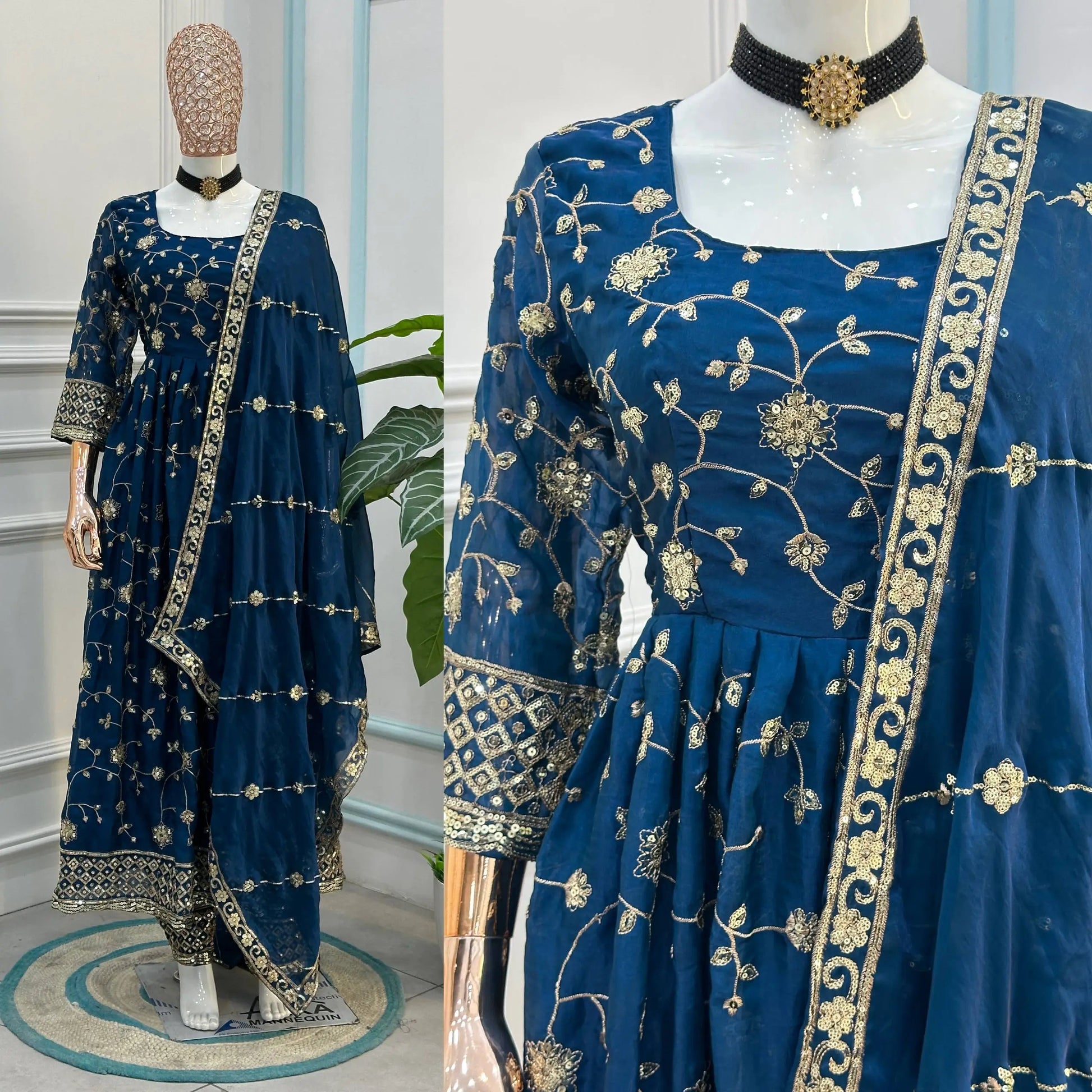 Fandy Silk Ready to Wear Anarkali Gown Set with Full Embroidery, Zari Sequins Dupatta & Bottom