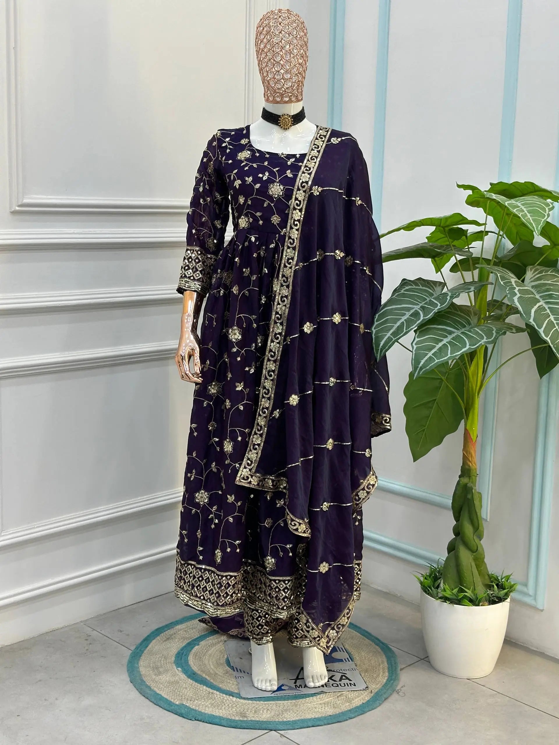 Fandy Silk Ready to Wear Anarkali Gown Set with Full Embroidery, Zari Sequins Dupatta & Bottom