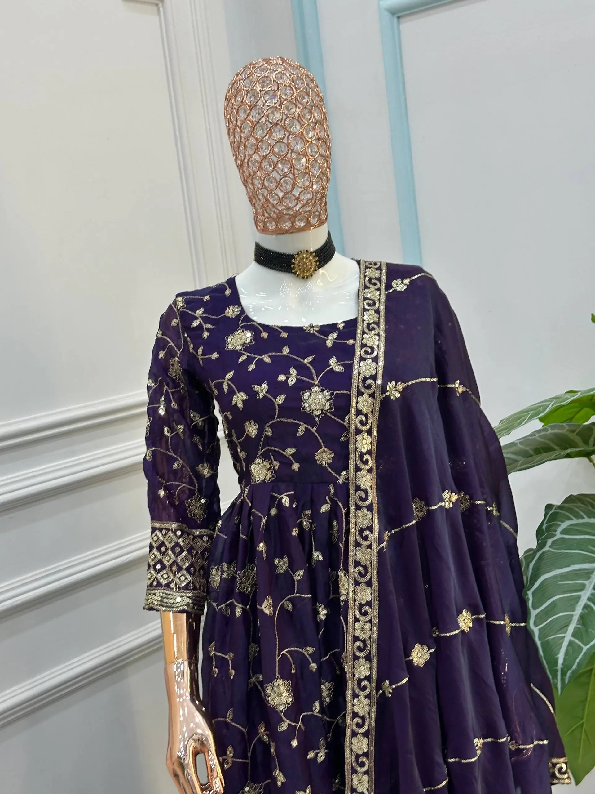 Fandy Silk Ready to Wear Anarkali Gown Set with Full Embroidery, Zari Sequins Dupatta & Bottom