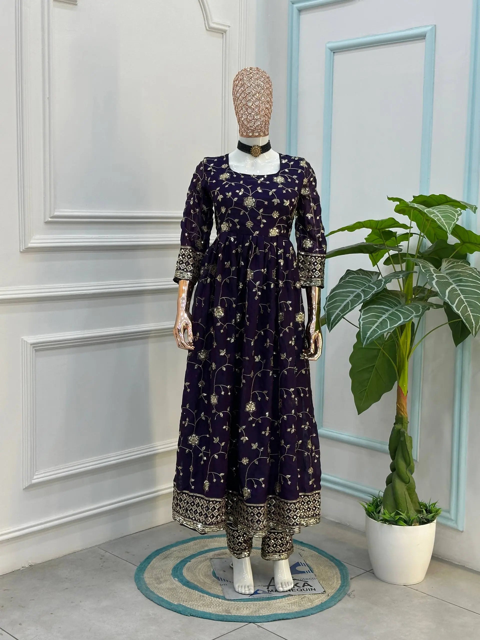 Fandy Silk Ready to Wear Anarkali Gown Set with Full Embroidery, Zari Sequins Dupatta & Bottom