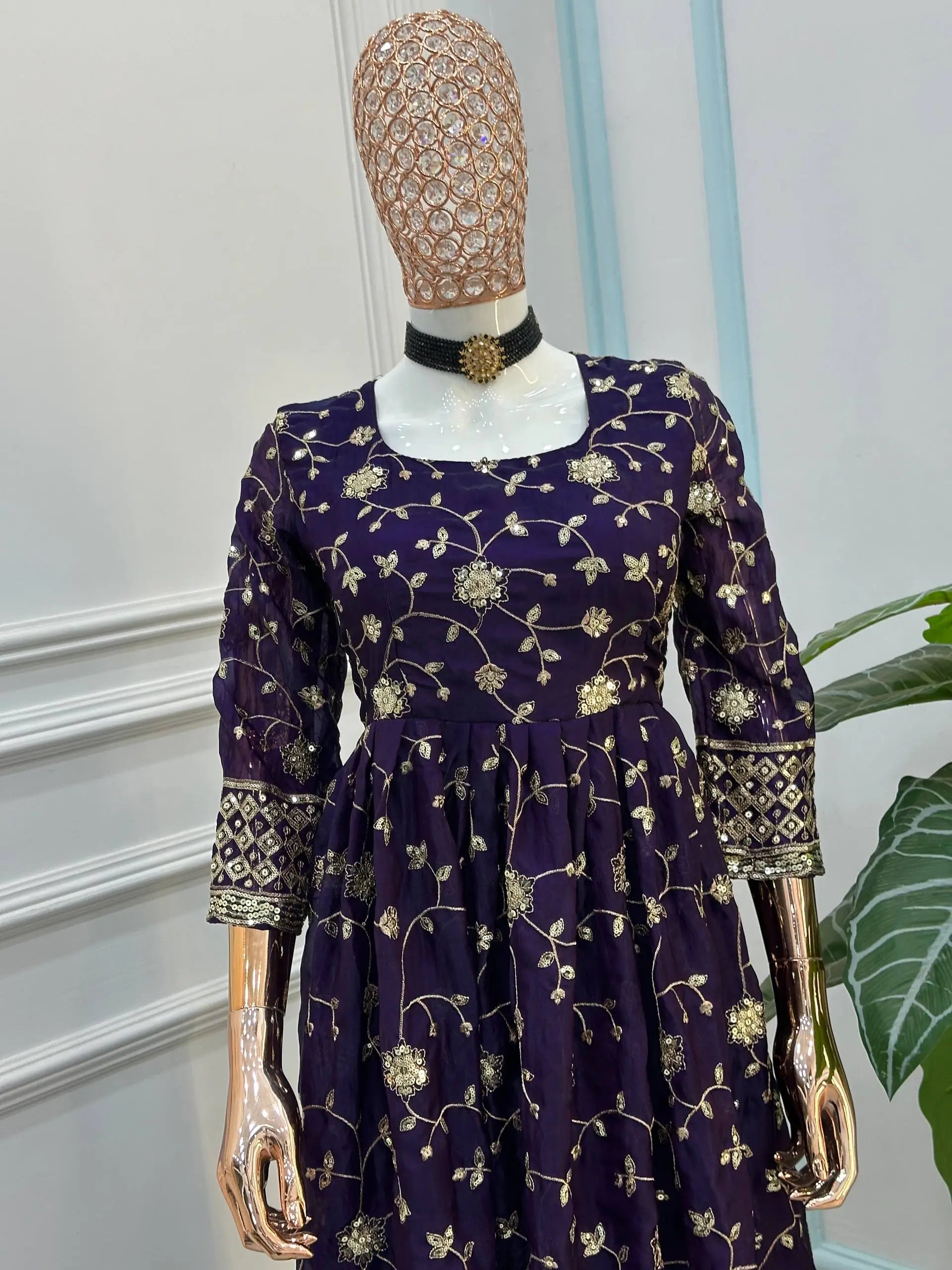 Fandy Silk Ready to Wear Anarkali Gown Set with Full Embroidery, Zari Sequins Dupatta & Bottom