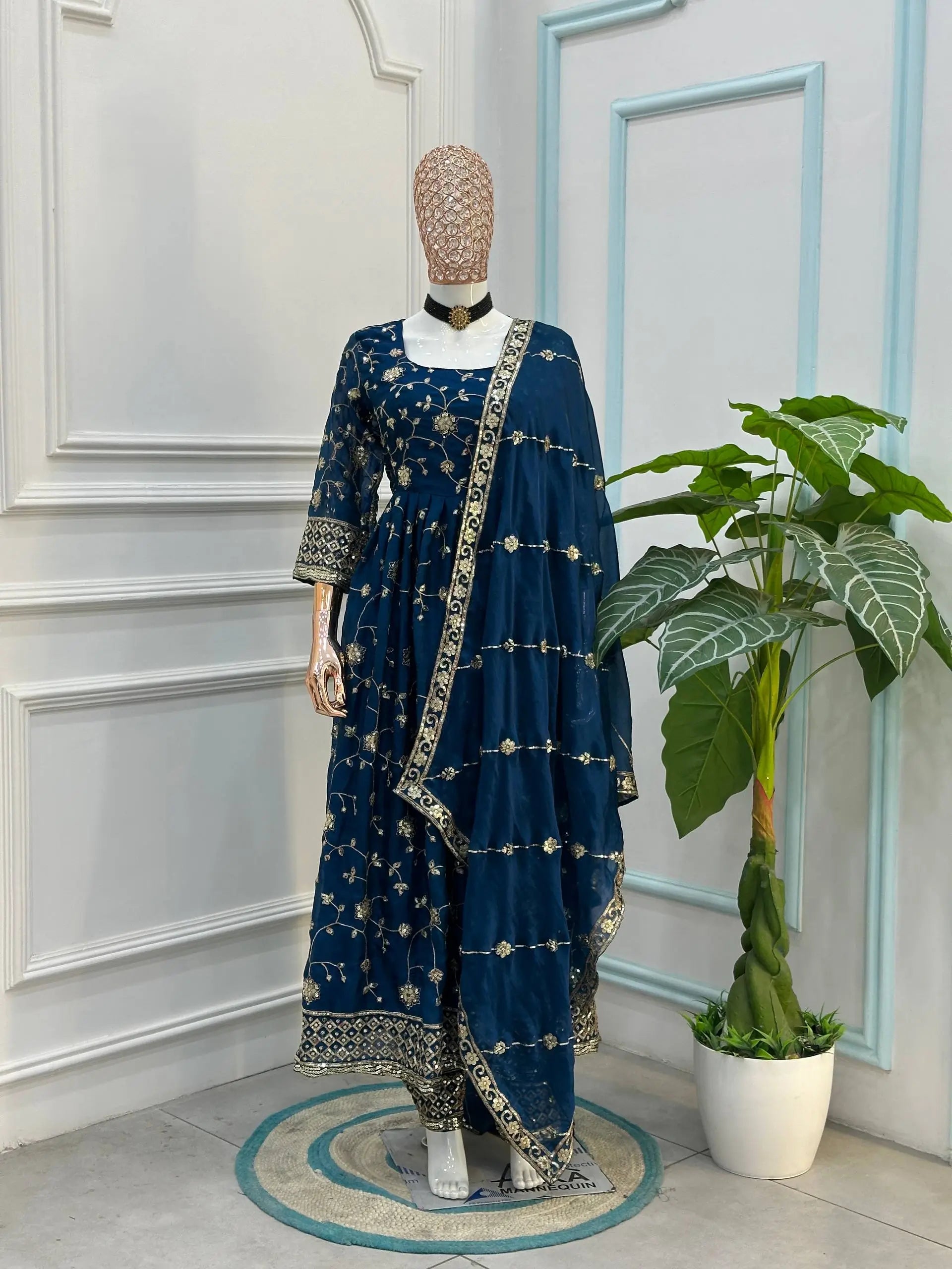 Fandy Silk Ready to Wear Anarkali Gown Set with Full Embroidery, Zari Sequins Dupatta & Bottom