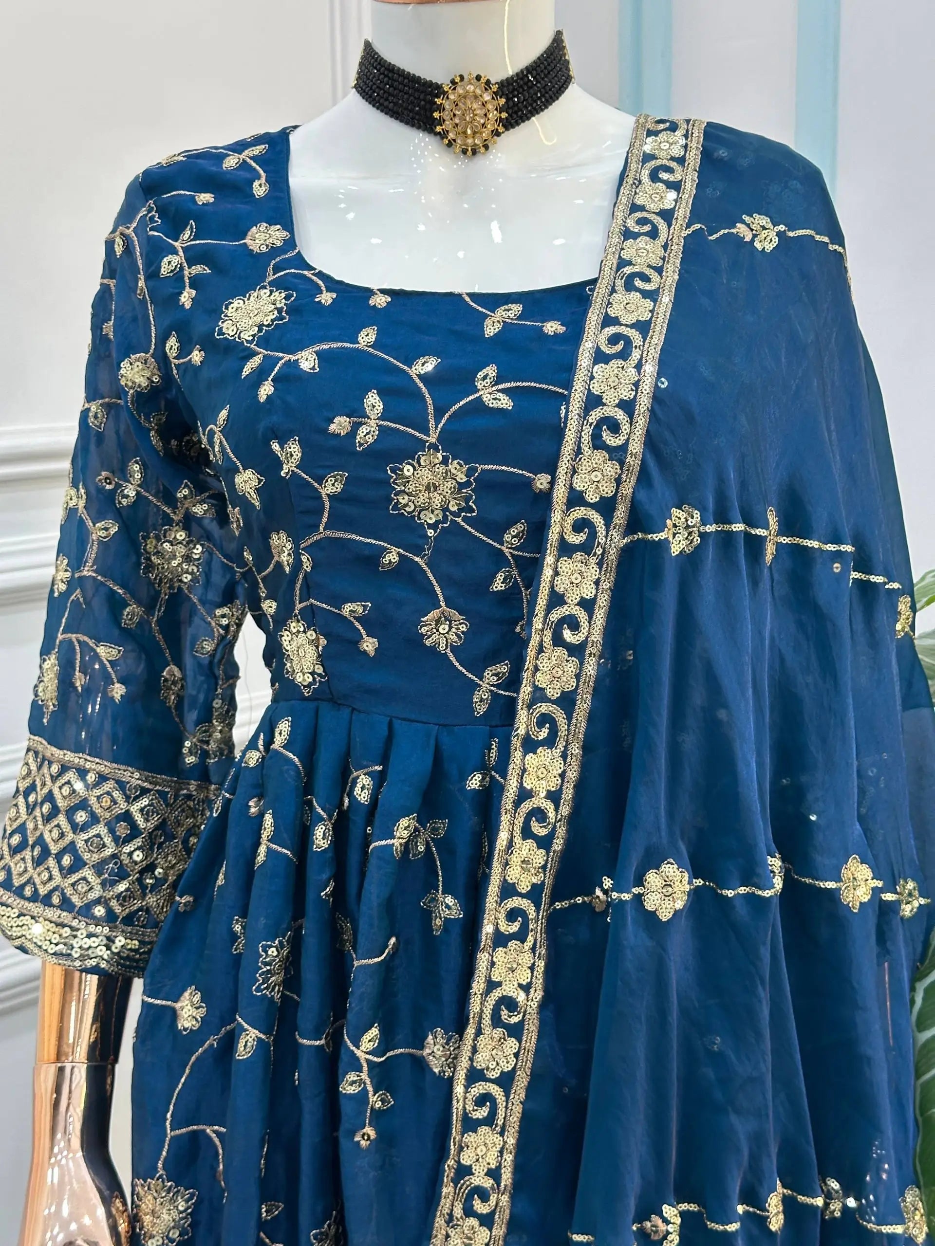 Fandy Silk Ready to Wear Anarkali Gown Set with Full Embroidery, Zari Sequins Dupatta & Bottom