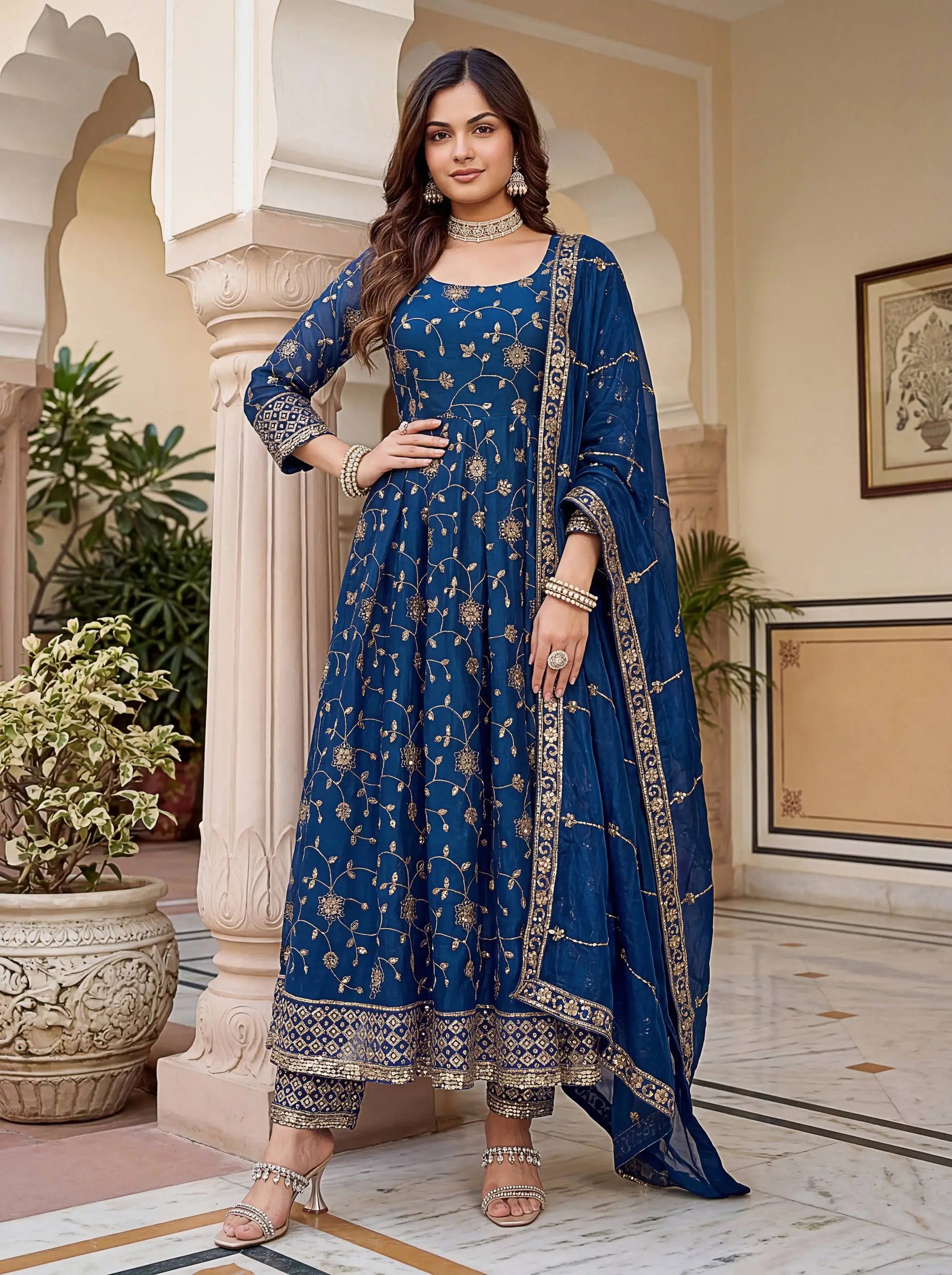 Fandy Silk Ready to Wear Anarkali Gown Set with Full Embroidery, Zari Sequins Dupatta & Bottom