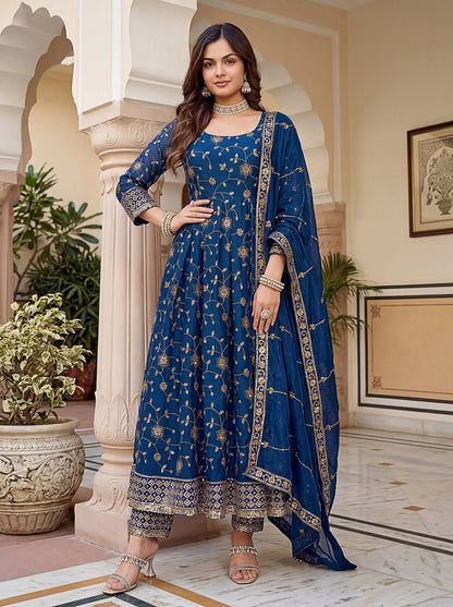 Fandy Silk Ready to Wear Anarkali Gown Set with Full Embroidery, Zari Sequins Dupatta & Bottom