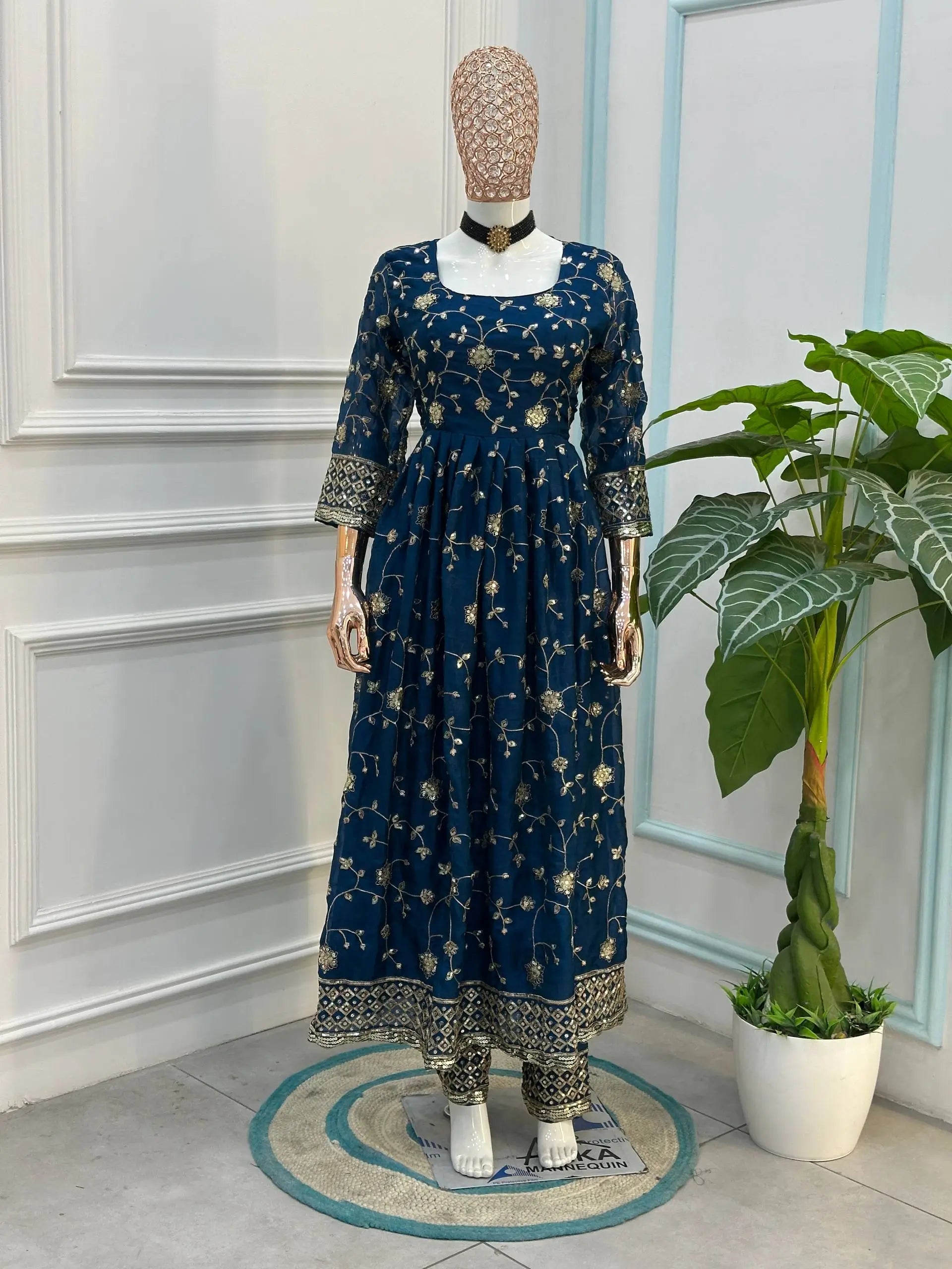 Fandy Silk Ready to Wear Anarkali Gown Set with Full Embroidery, Zari Sequins Dupatta & Bottom