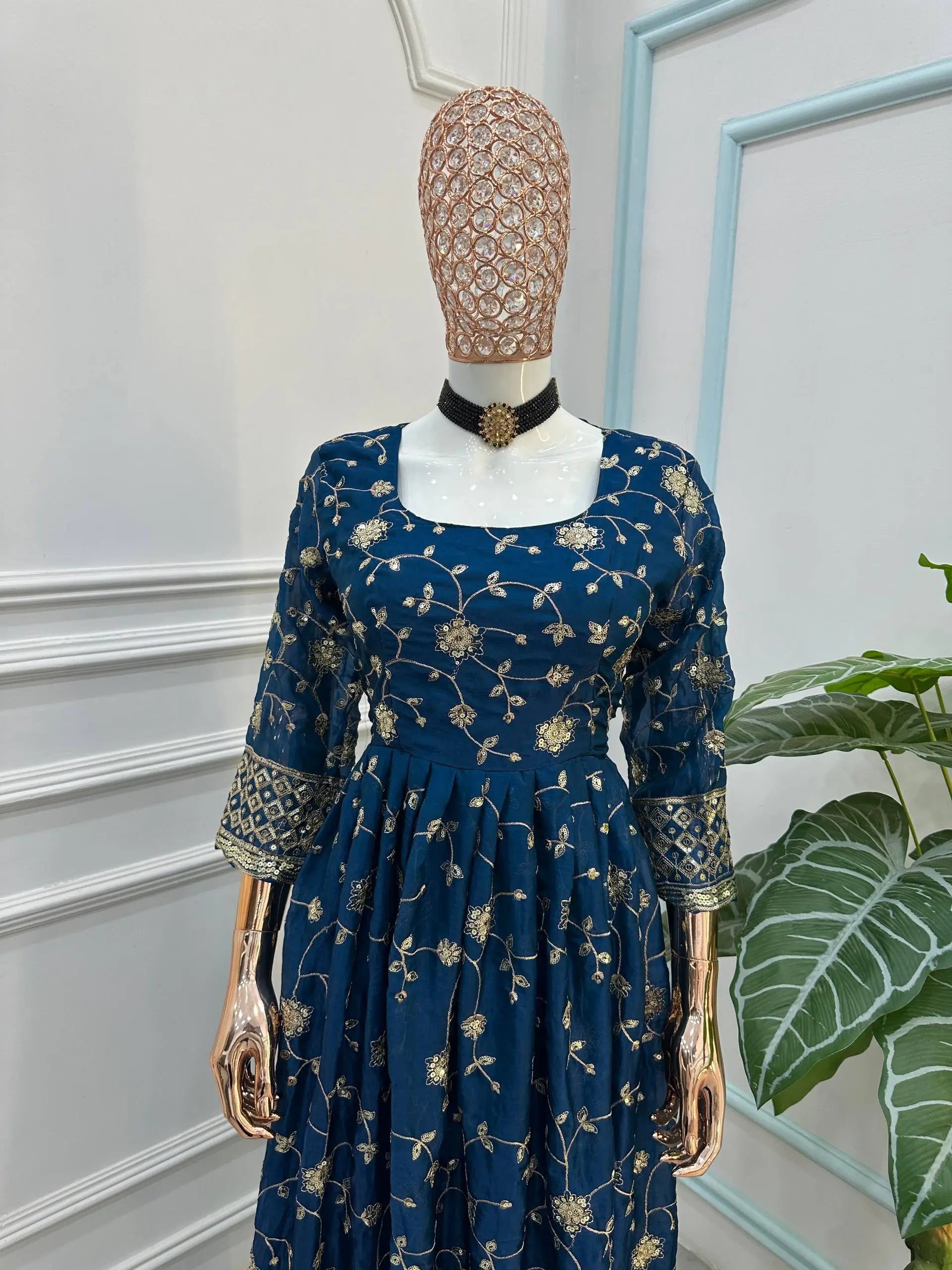 Fandy Silk Ready to Wear Anarkali Gown Set with Full Embroidery, Zari Sequins Dupatta & Bottom
