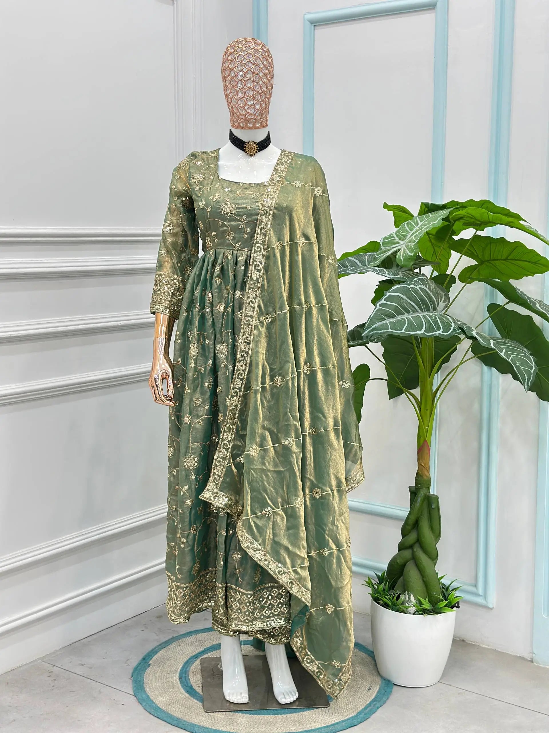 Fandy Silk Ready to Wear Anarkali Gown Set with Full Embroidery, Zari Sequins Dupatta & Bottom