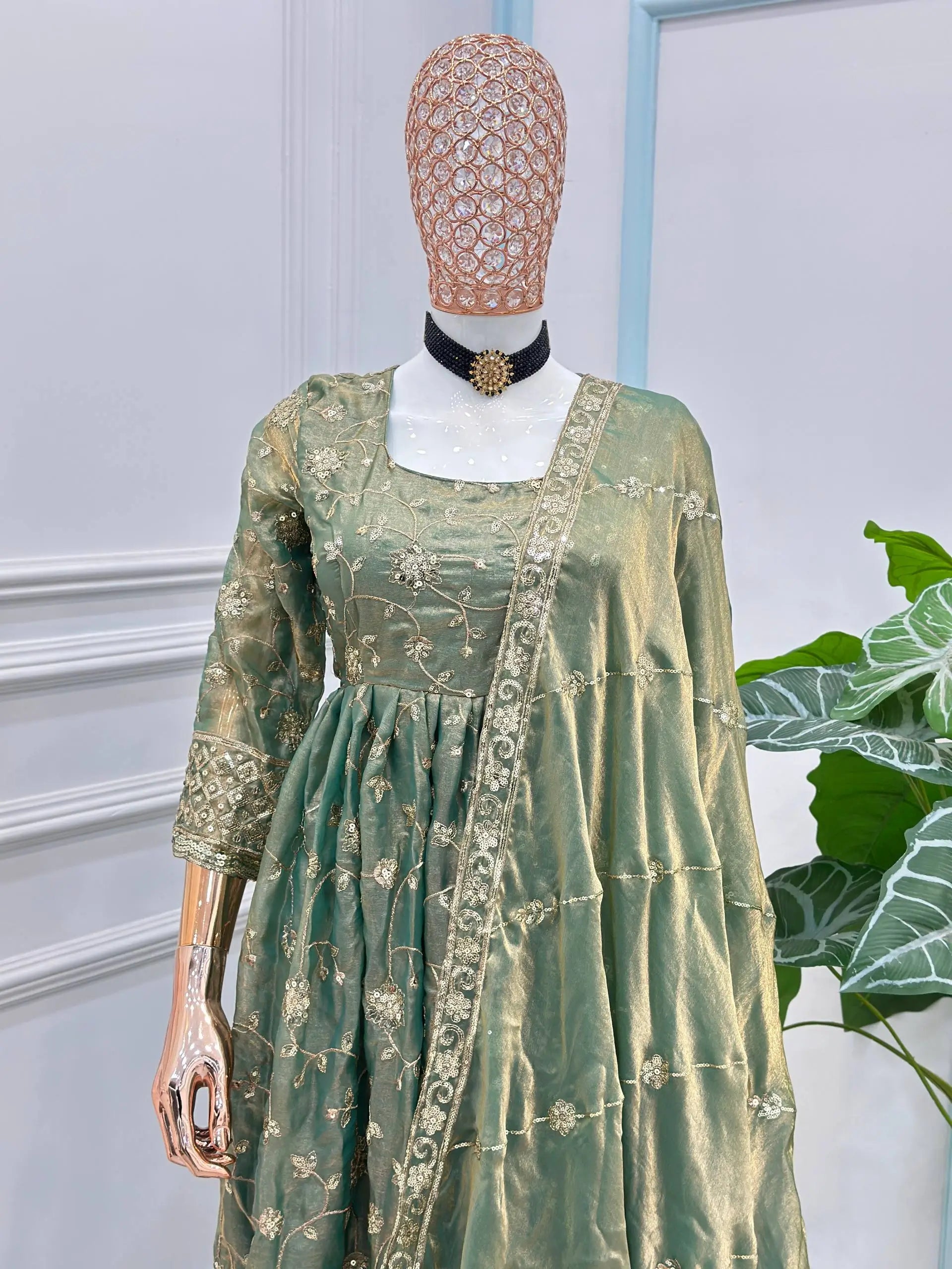 Fandy Silk Ready to Wear Anarkali Gown Set with Full Embroidery, Zari Sequins Dupatta & Bottom