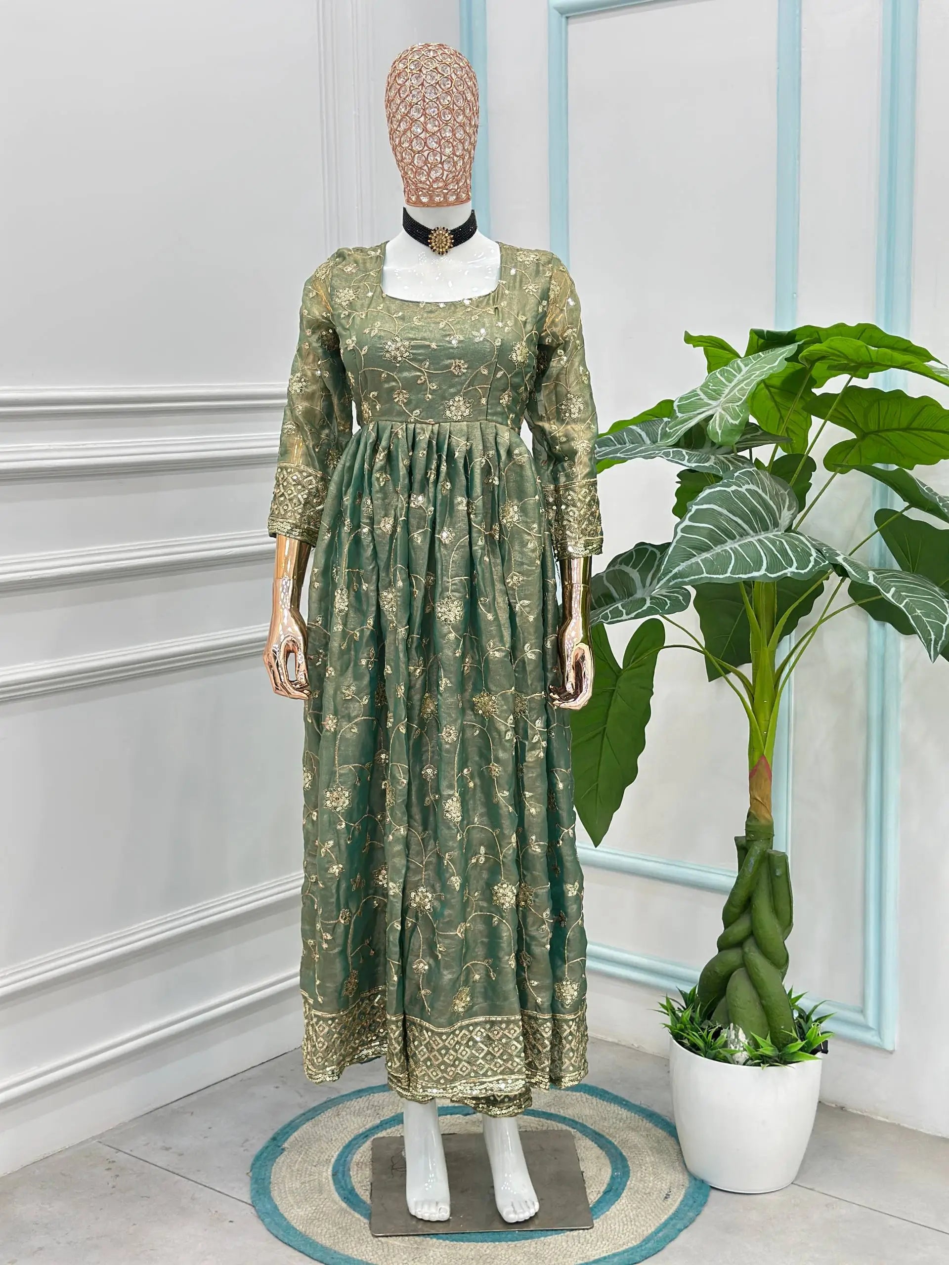 Fandy Silk Ready to Wear Anarkali Gown Set with Full Embroidery, Zari Sequins Dupatta & Bottom