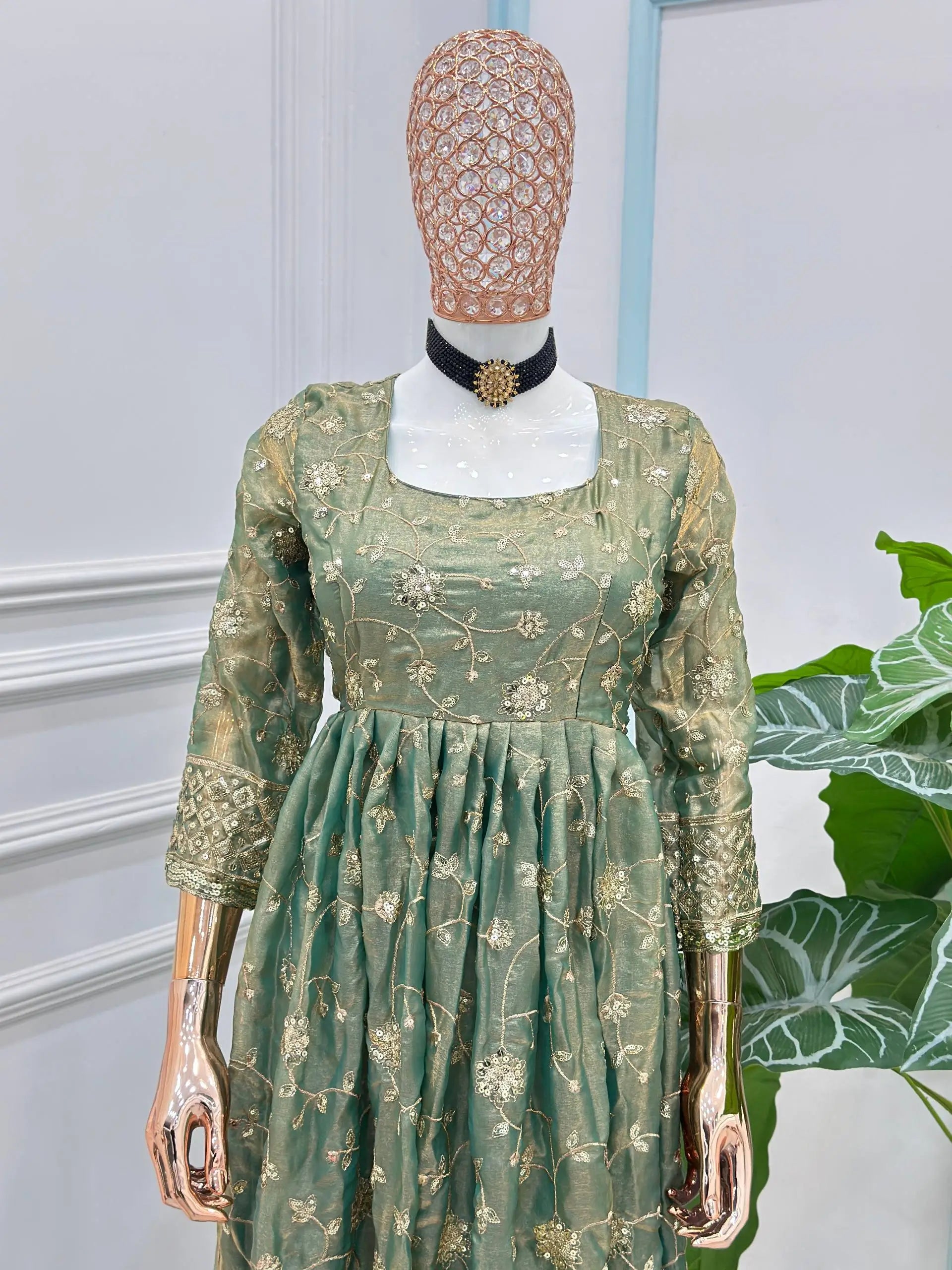 Fandy Silk Ready to Wear Anarkali Gown Set with Full Embroidery, Zari Sequins Dupatta & Bottom