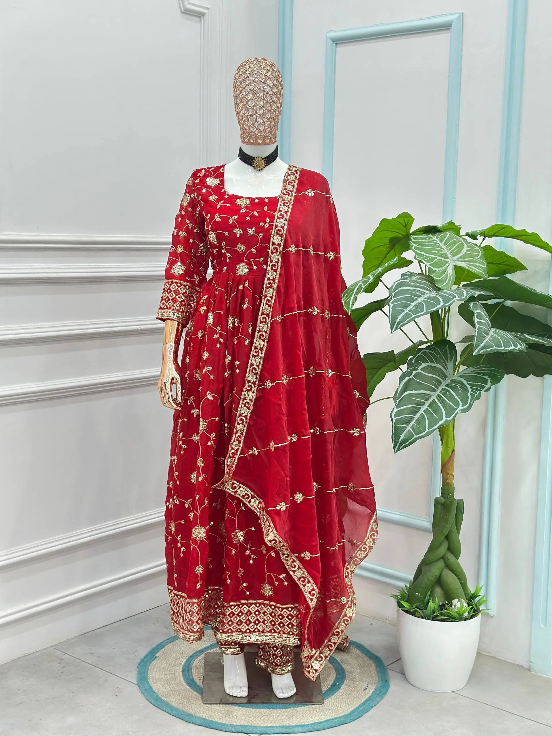 Fandy Silk Ready to Wear Anarkali Gown Set with Full Embroidery, Zari Sequins Dupatta & Bottom
