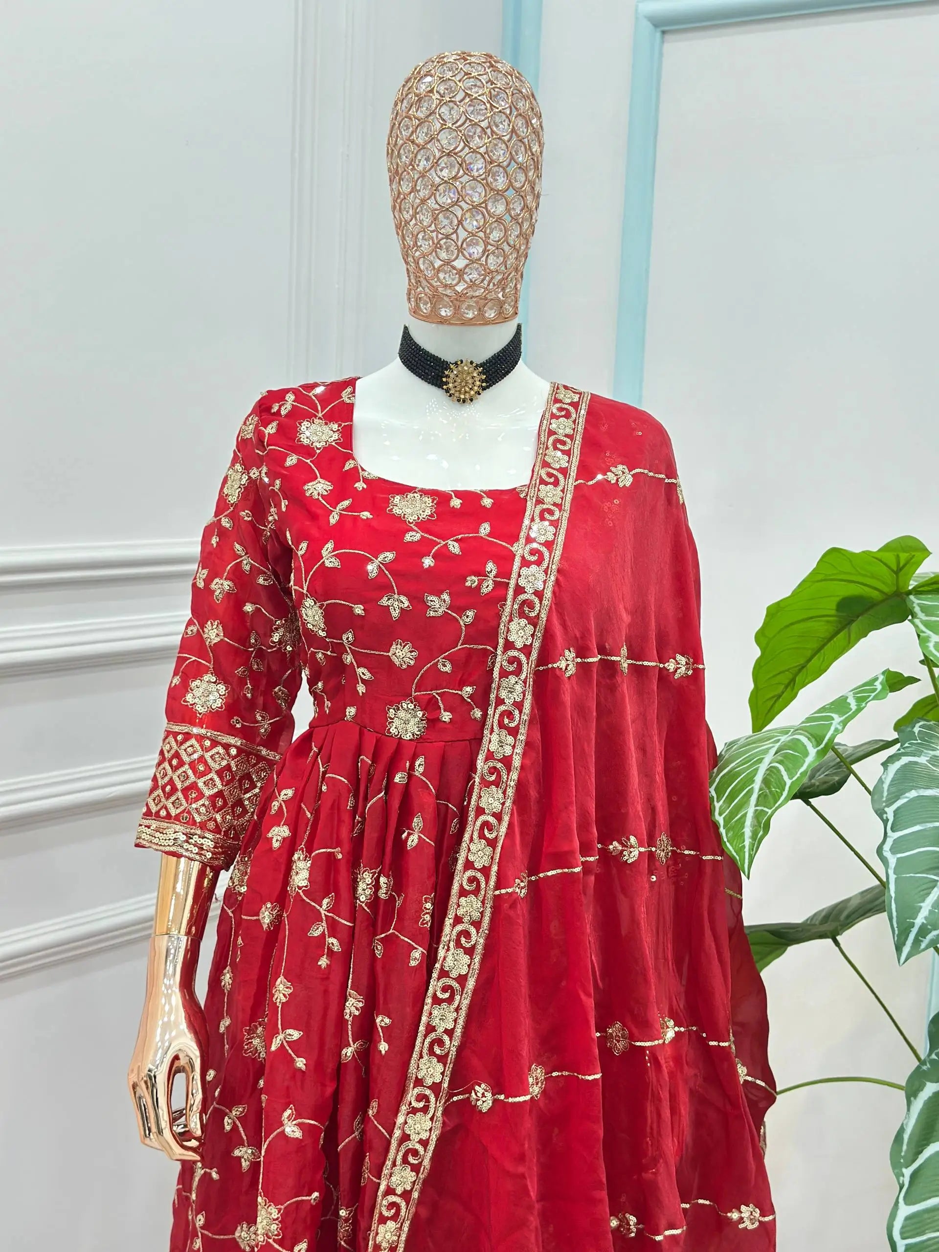 Fandy Silk Ready to Wear Anarkali Gown Set with Full Embroidery, Zari Sequins Dupatta & Bottom