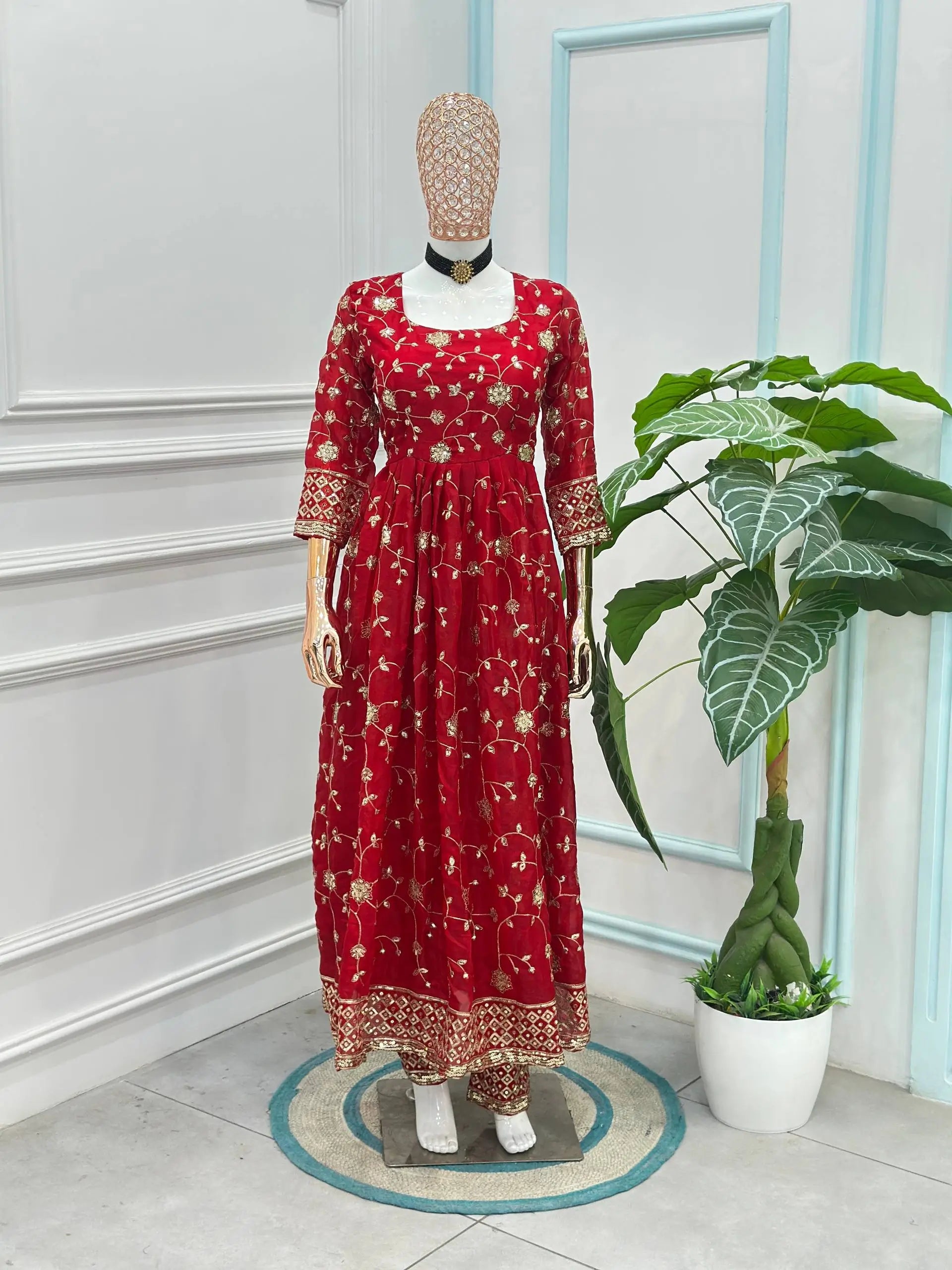 Fandy Silk Ready to Wear Anarkali Gown Set with Full Embroidery, Zari Sequins Dupatta & Bottom