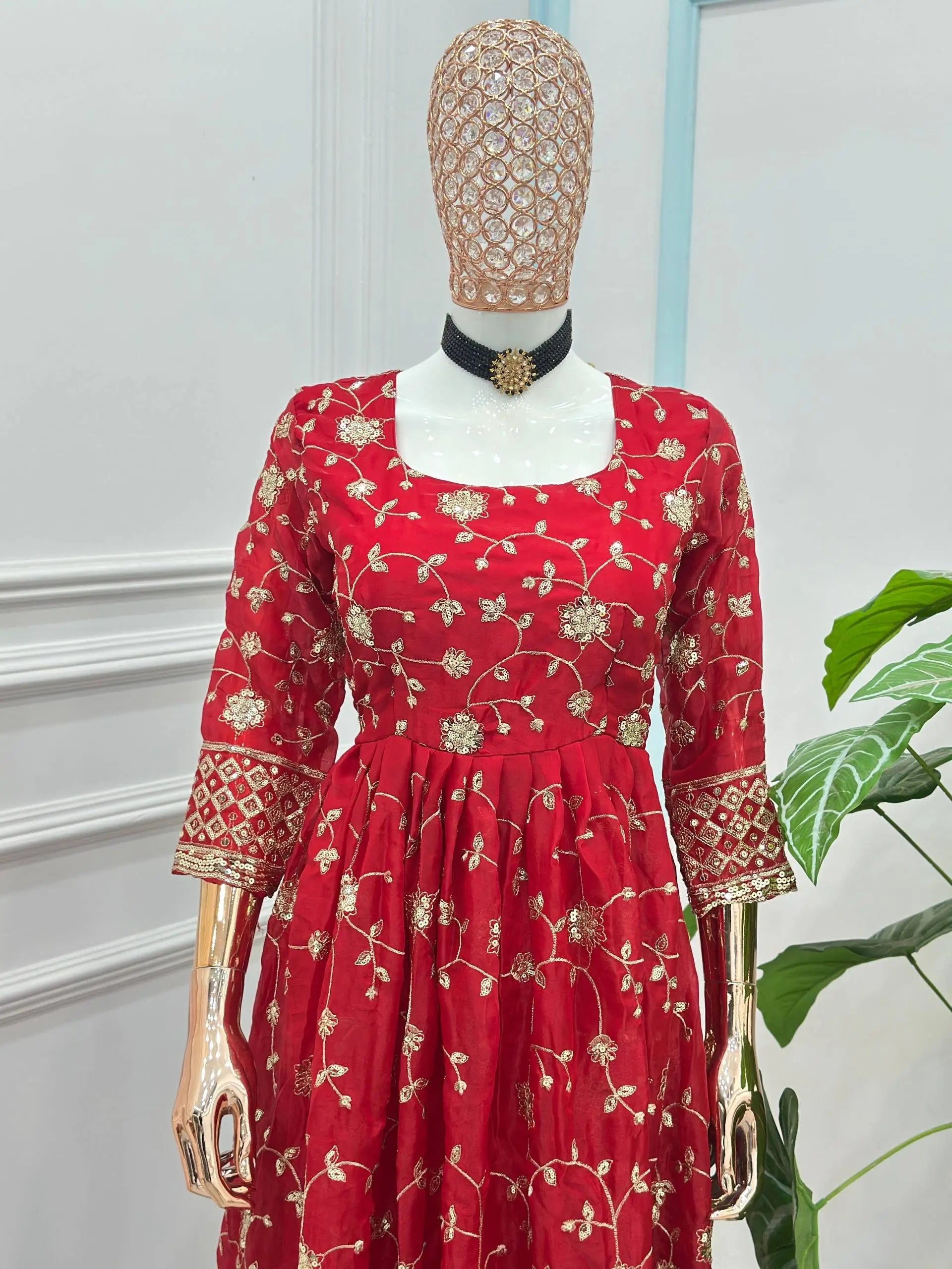 Fandy Silk Ready to Wear Anarkali Gown Set with Full Embroidery, Zari Sequins Dupatta & Bottom