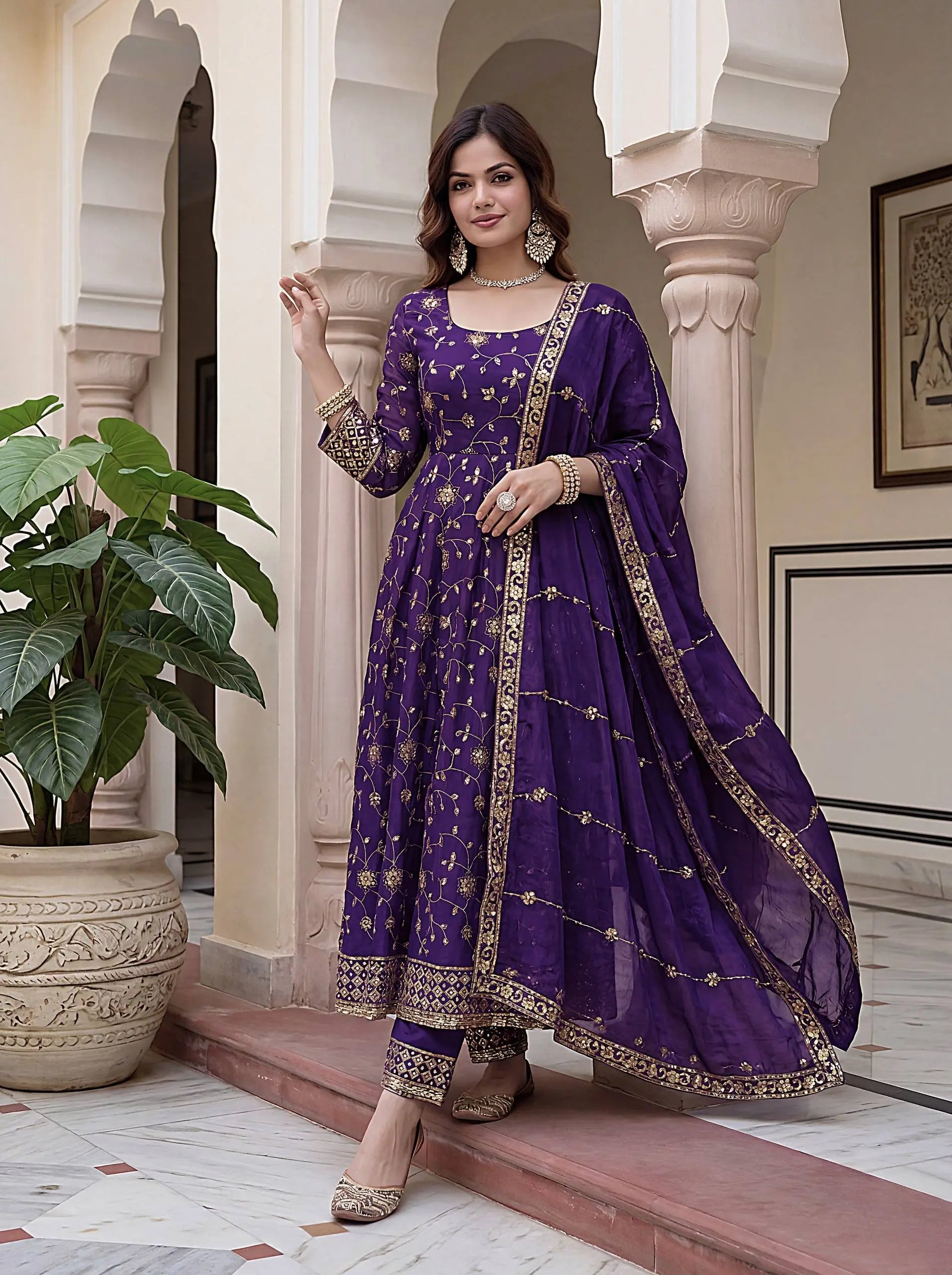 Fandy Silk Ready to Wear Anarkali Gown Set with Full Embroidery, Zari Sequins Dupatta & Bottom