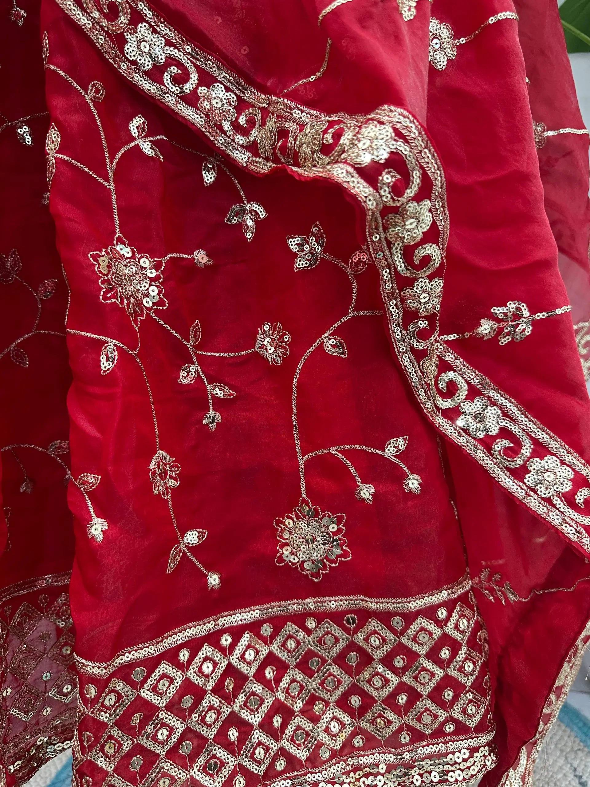 Fandy Silk Ready to Wear Anarkali Gown Set with Full Embroidery, Zari Sequins Dupatta & Bottom