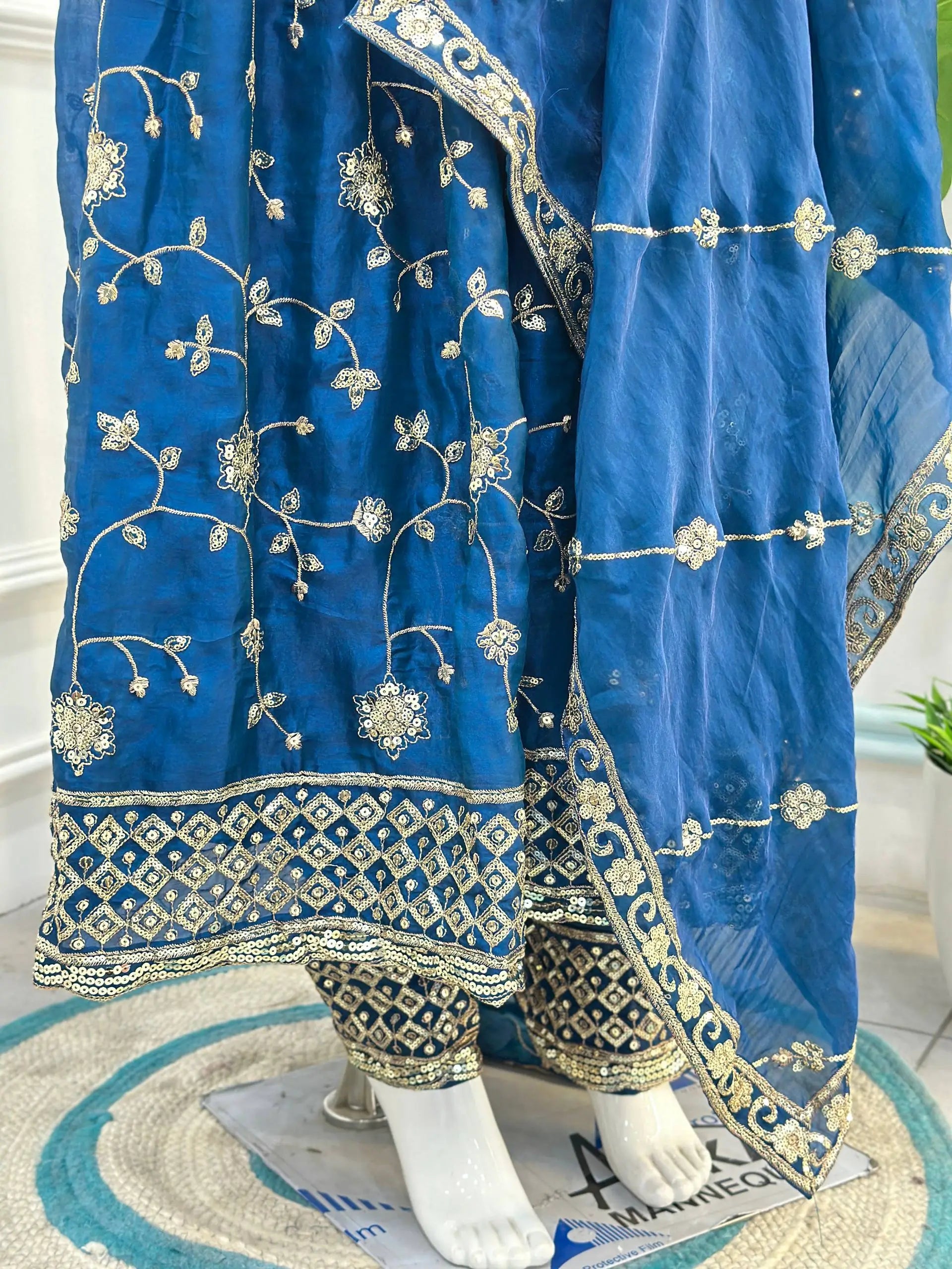 Fandy Silk Ready to Wear Anarkali Gown Set with Full Embroidery, Zari Sequins Dupatta & Bottom