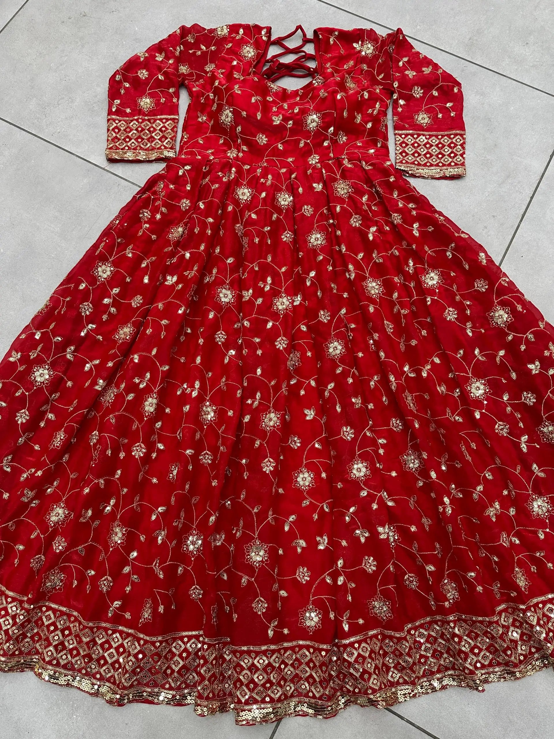 Fandy Silk Ready to Wear Anarkali Gown Set with Full Embroidery, Zari Sequins Dupatta & Bottom