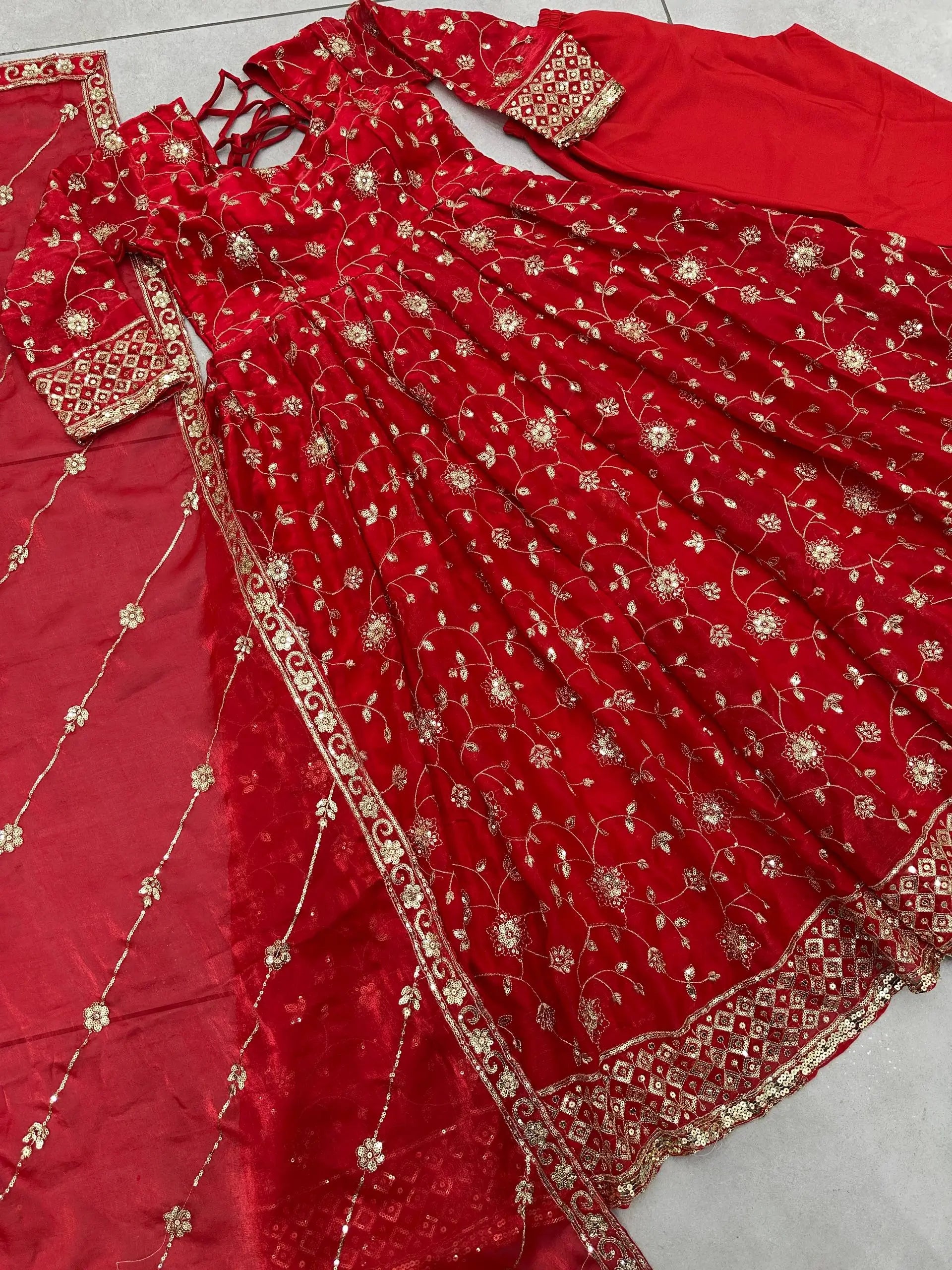 Fandy Silk Ready to Wear Anarkali Gown Set with Full Embroidery, Zari Sequins Dupatta & Bottom