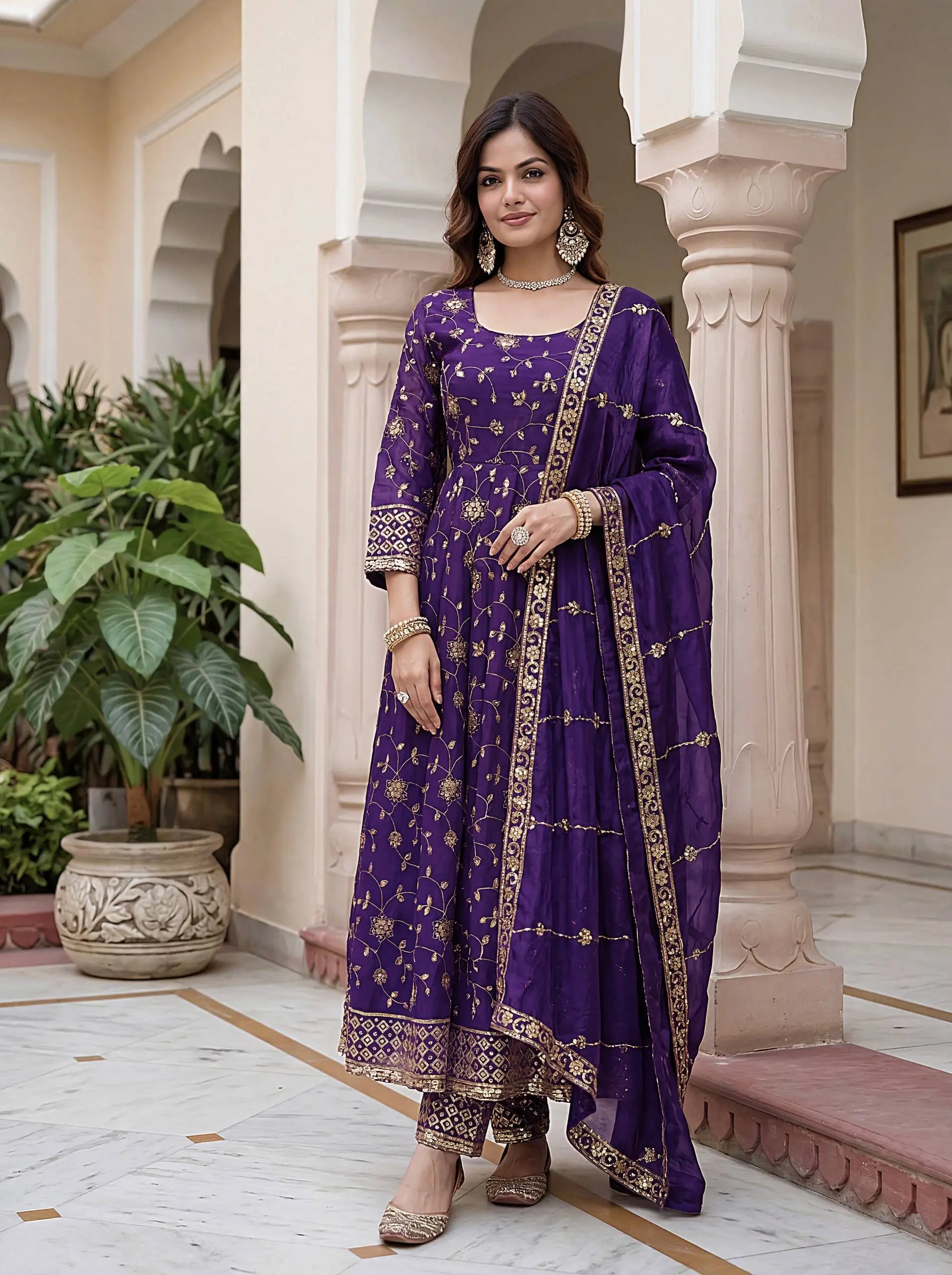 Fandy Silk Ready to Wear Anarkali Gown Set with Full Embroidery, Zari Sequins Dupatta & Bottom