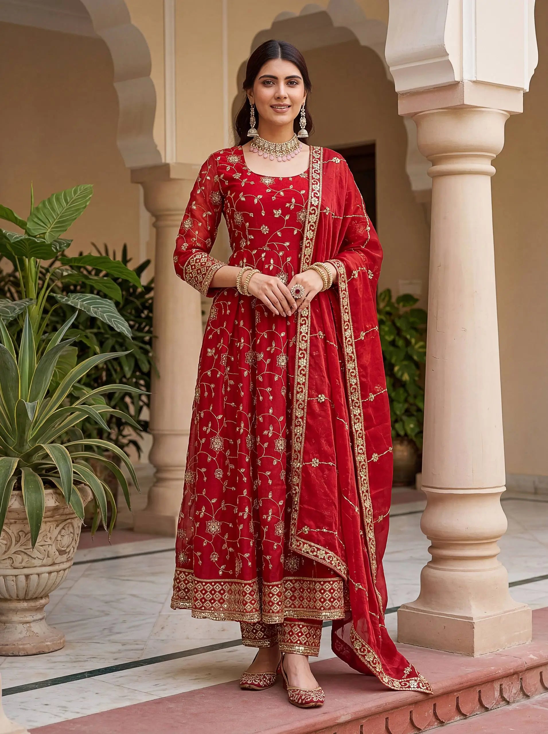 Fandy Silk Ready to Wear Anarkali Gown Set with Full Embroidery, Zari Sequins Dupatta & Bottom