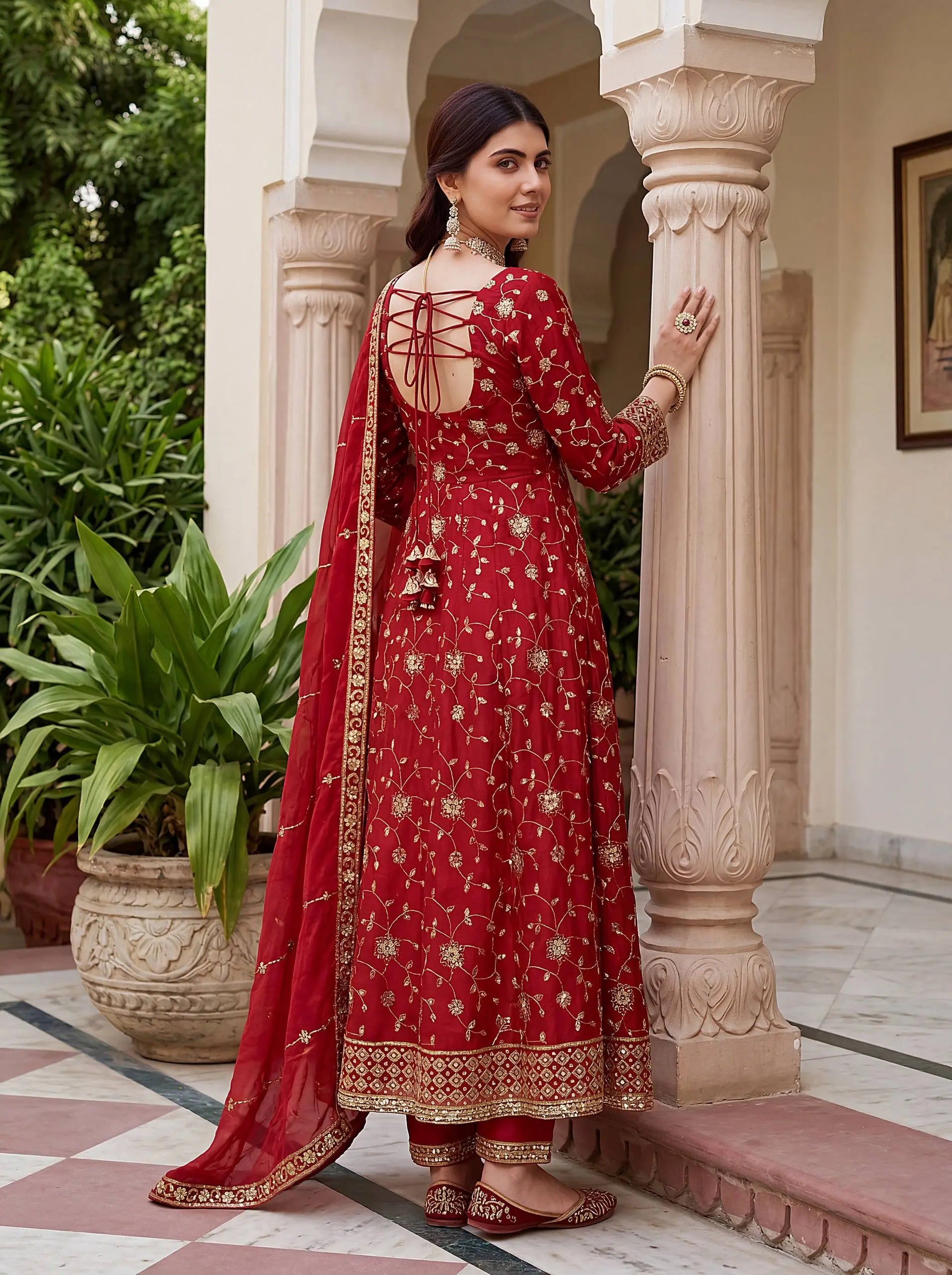 Fandy Silk Ready to Wear Anarkali Gown Set with Full Embroidery, Zari Sequins Dupatta & Bottom
