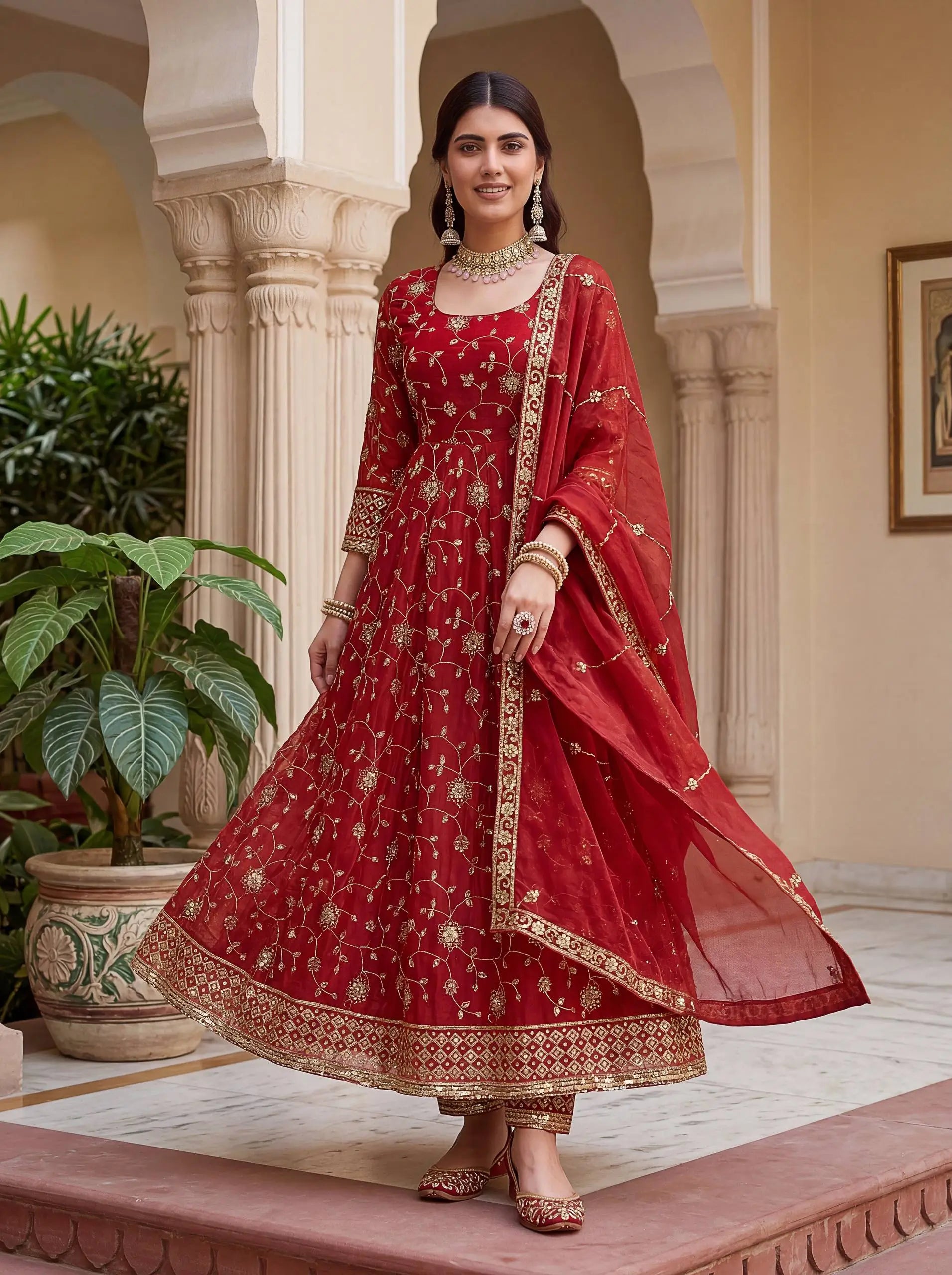 Fandy Silk Ready to Wear Anarkali Gown Set with Full Embroidery, Zari Sequins Dupatta & Bottom