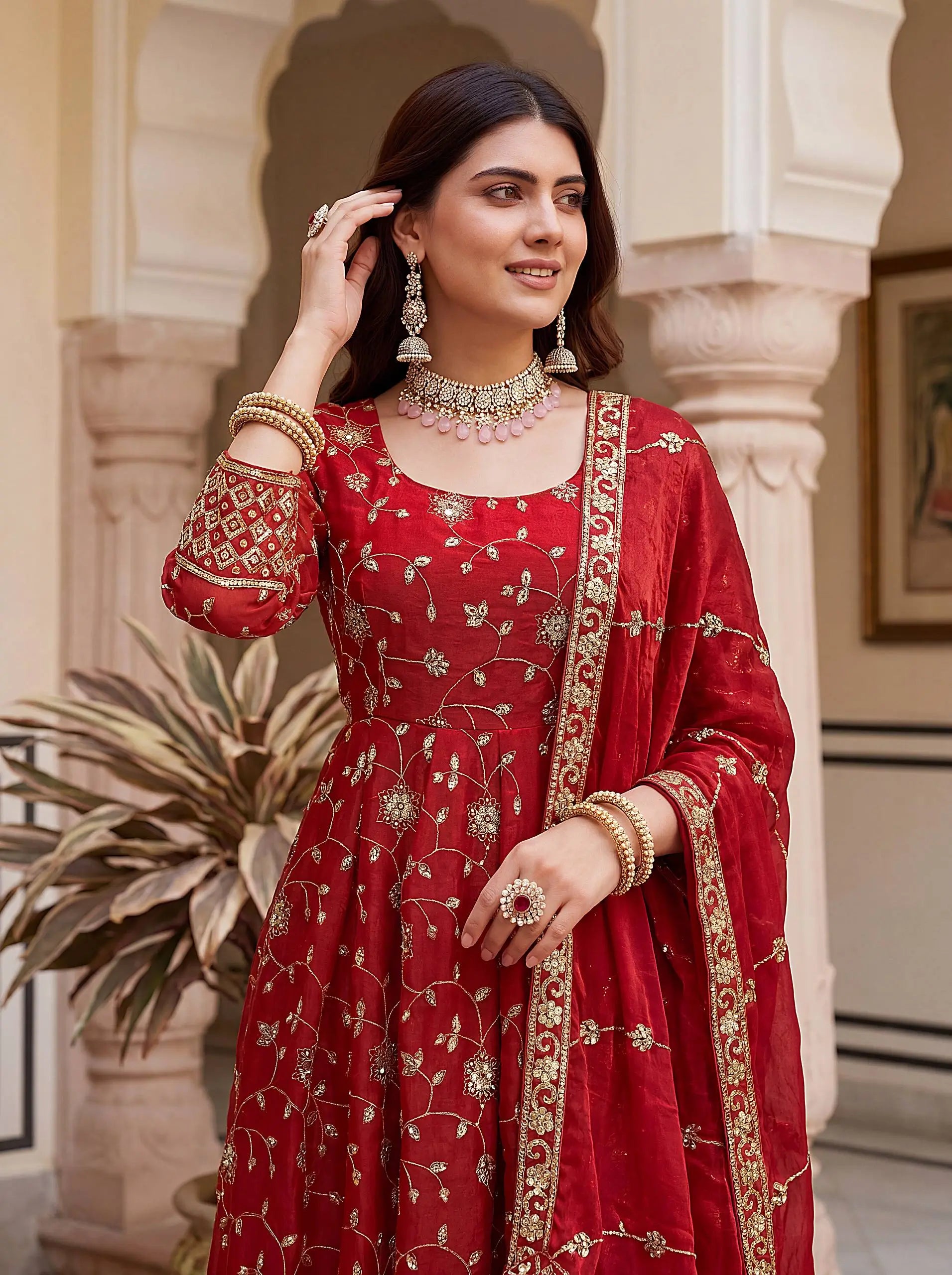 Fandy Silk Ready to Wear Anarkali Gown Set with Full Embroidery, Zari Sequins Dupatta & Bottom