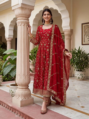 Fandy Silk Ready to Wear Anarkali Gown Set with Full Embroidery, Zari Sequins Dupatta & Bottom