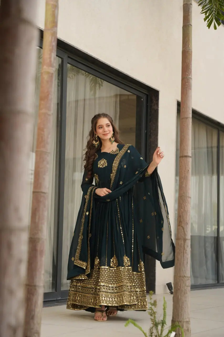 Faux Blooming Designer Gown with Rich Zari & Sequins Embroidery – 2 Colours