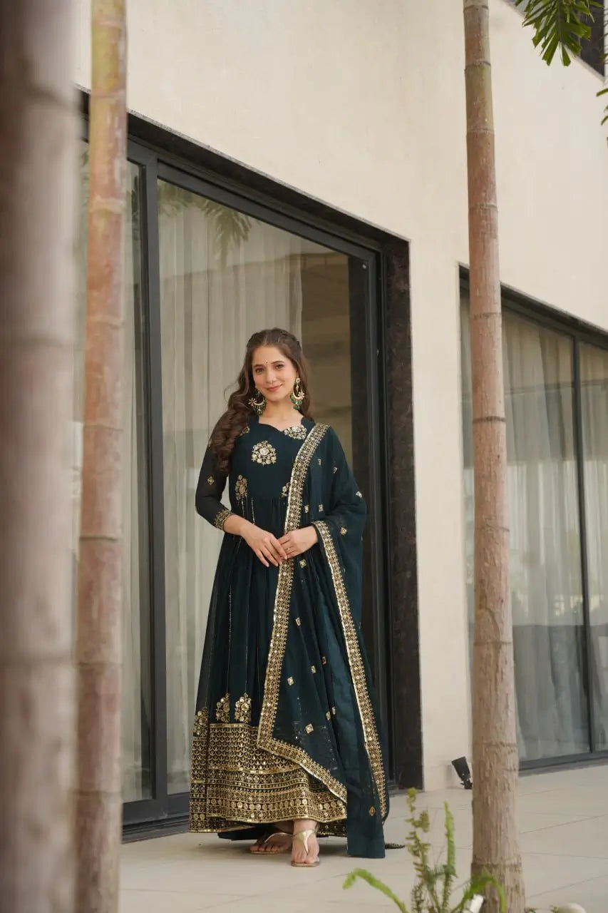 Faux Blooming Designer Gown with Rich Zari & Sequins Embroidery – 2 Colours