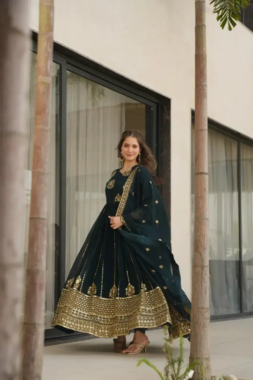 Faux Blooming Designer Gown with Rich Zari & Sequins Embroidery – 2 Colours