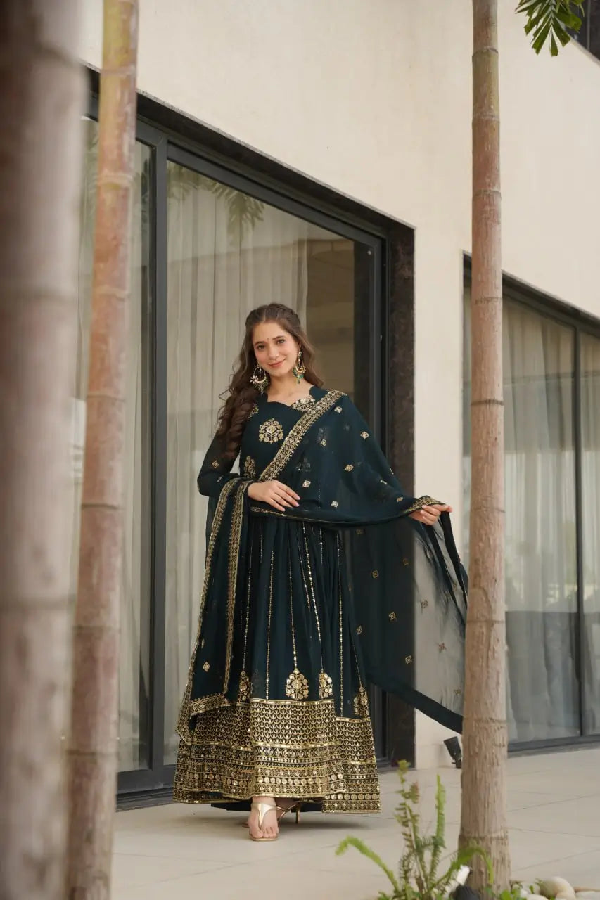 Faux Blooming Designer Gown with Rich Zari & Sequins Embroidery – 2 Colours