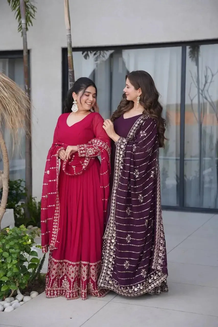 Faux Blooming Designer Gown with Rich Zari & Sequins Embroidery – 2 Colours