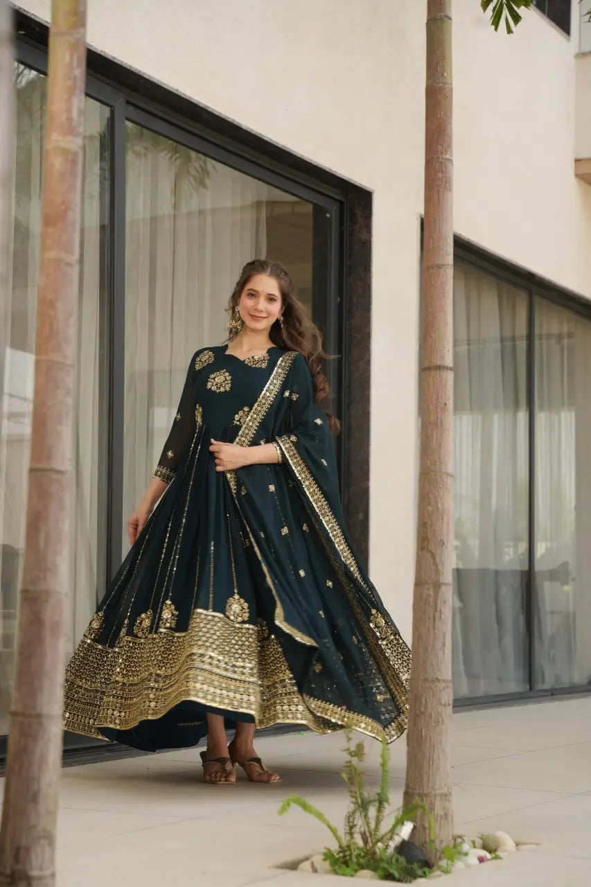Faux Blooming Designer Gown with Rich Zari & Sequins Embroidery – 2 Colours