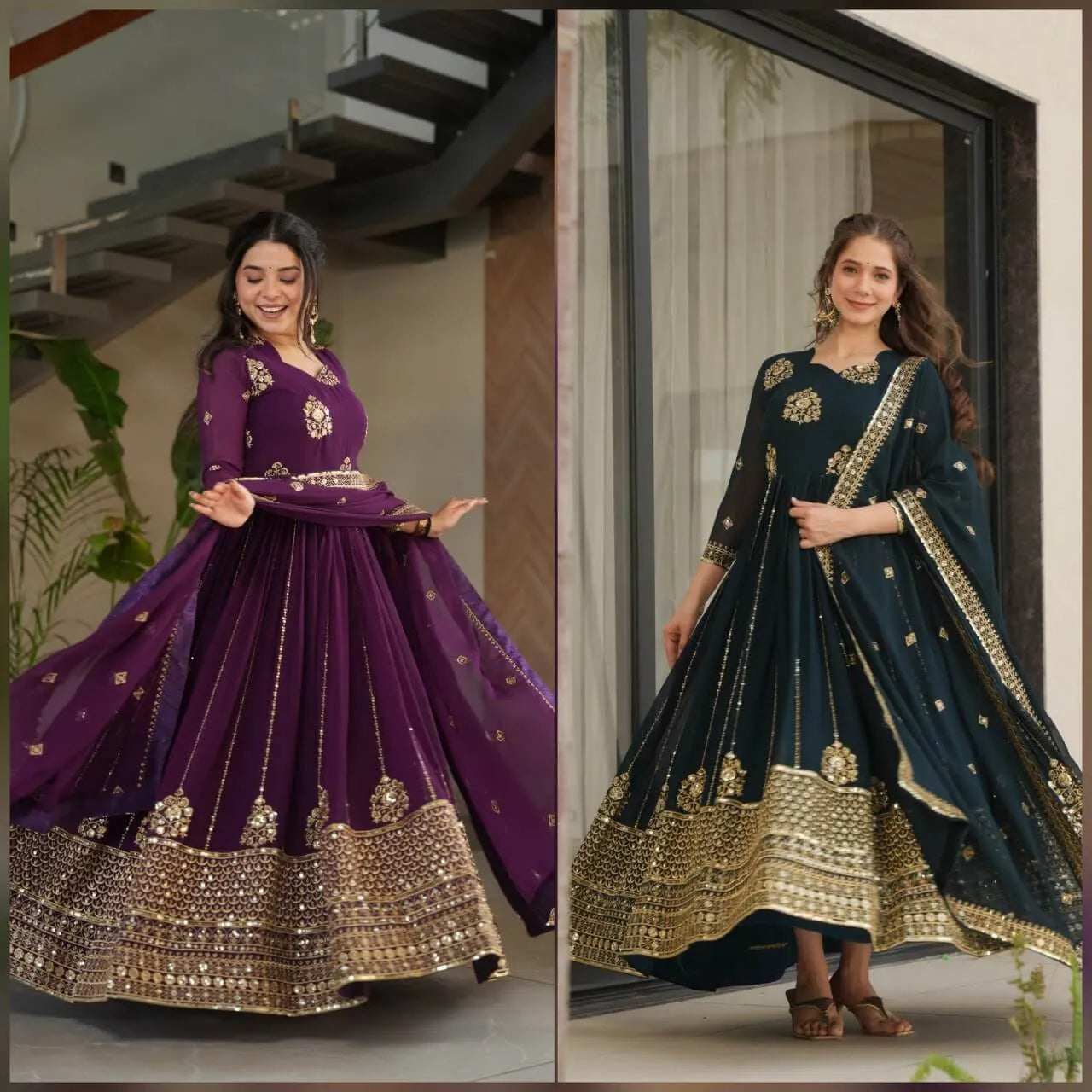 Faux Blooming Designer Gown with Rich Zari & Sequins Embroidery – 2 Colours