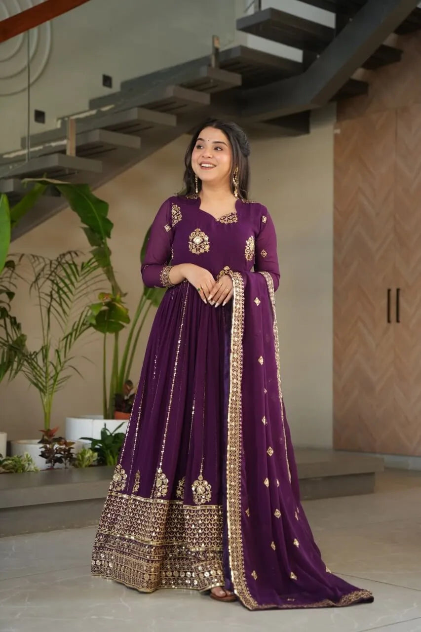 Faux Blooming Designer Gown with Rich Zari & Sequins Embroidery – 2 Colours