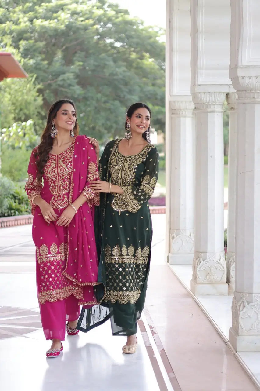 Faux Blooming Embroidered Kurti Pant Set with Designer Lace Dupatta (2 Colours)