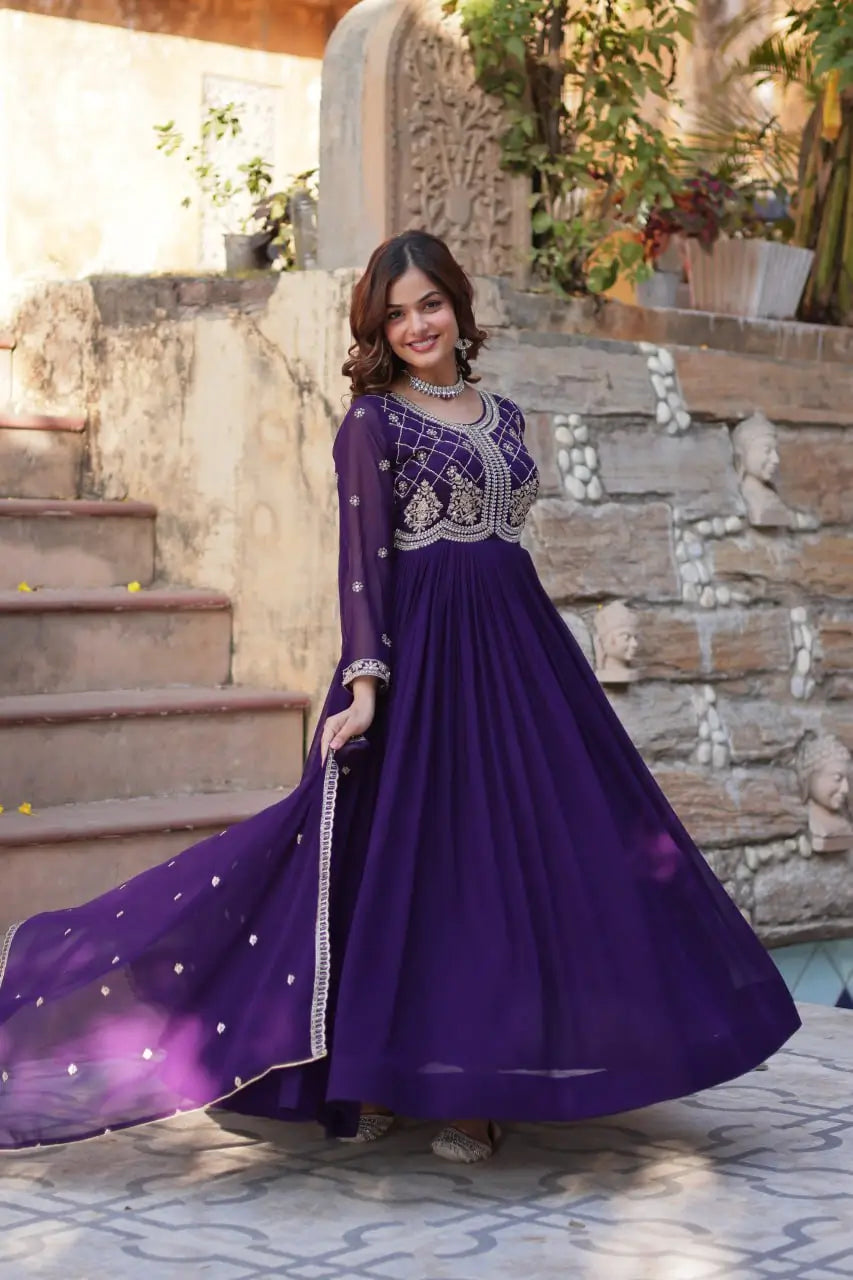 Faux Blooming Embroidered Party Wear Gown with Dupatta – Maroon & Purple