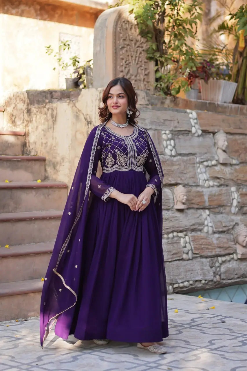 Faux Blooming Embroidered Party Wear Gown with Dupatta – Maroon & Purple